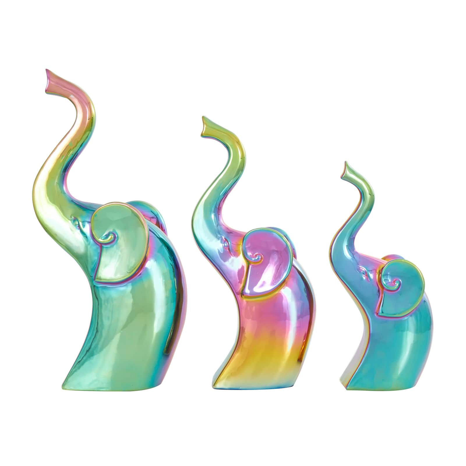 Multicolor Ceramic Elephant Sculpture Set with Rainbow Shimmer Finish