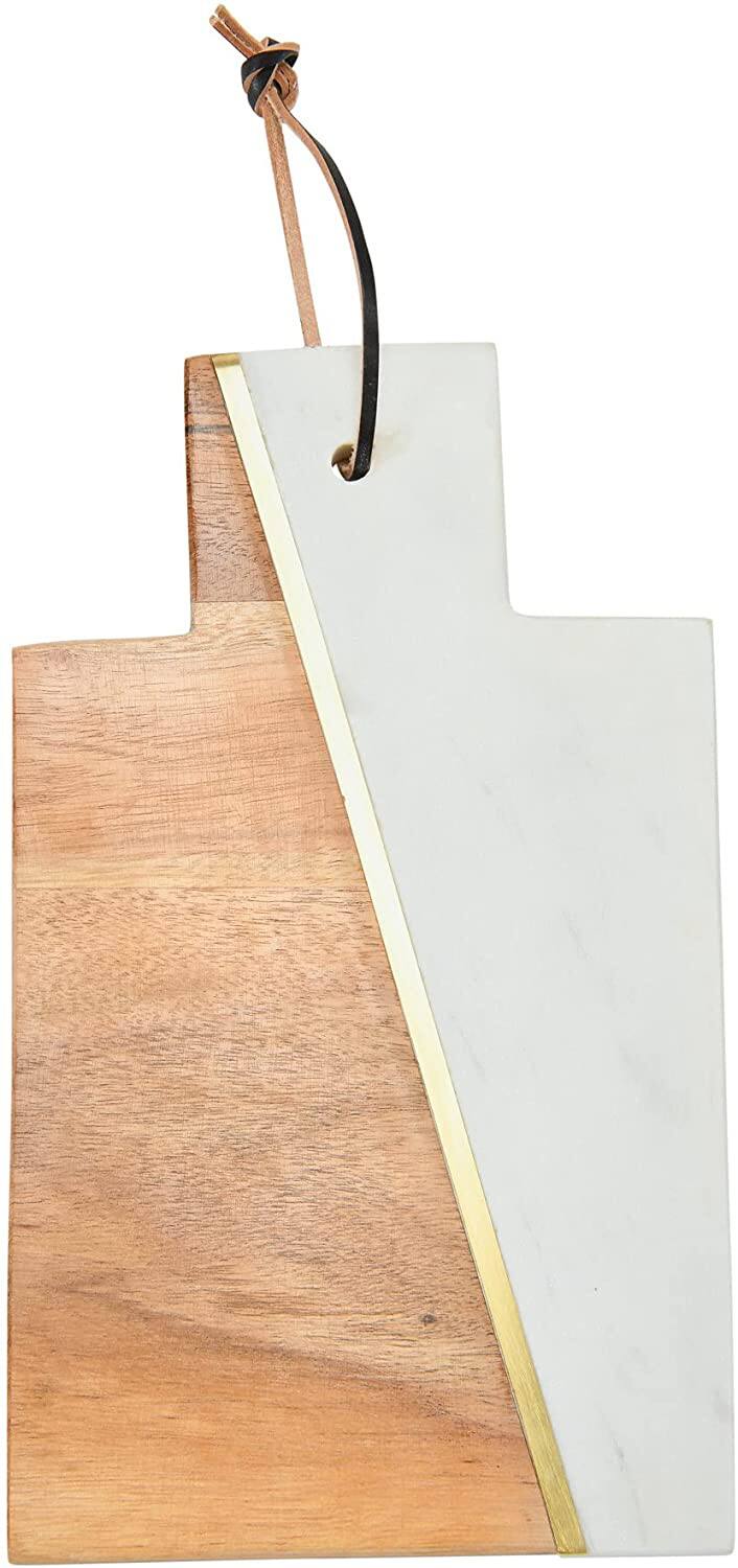 Hello Honey® 12" White and Natural Boho 2-Tone Marble and Acacia Wood Charcuterie or Cutting Board with Brass Inlay and Leather Tie