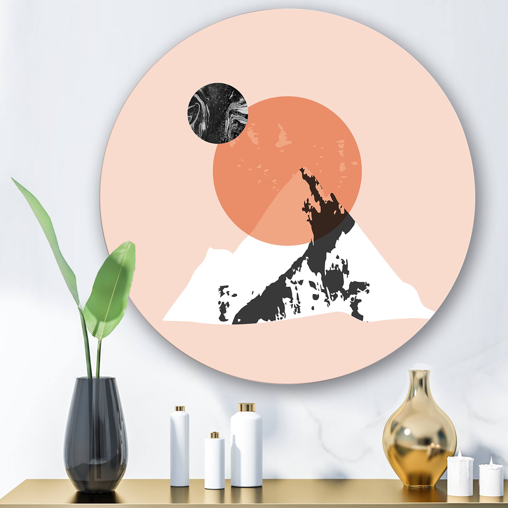 Designart - Modern Minimalist Mountain Sun and Moon - Modern Metal Circle Wall Art