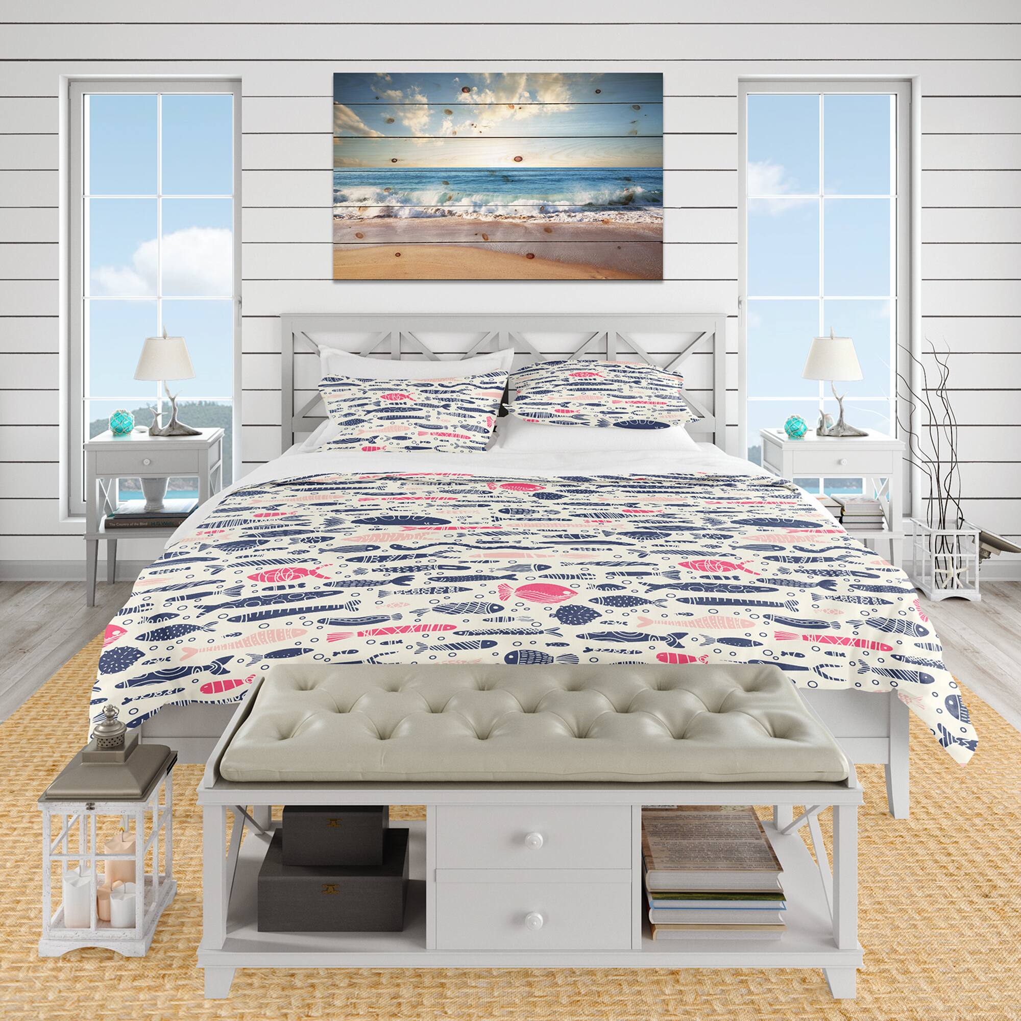 Designart &#x27;Cute Fishes with Doodles&#x27; Nautical &#x26; Coastal Bedding Set - Duvet Cover &#x26; Shams