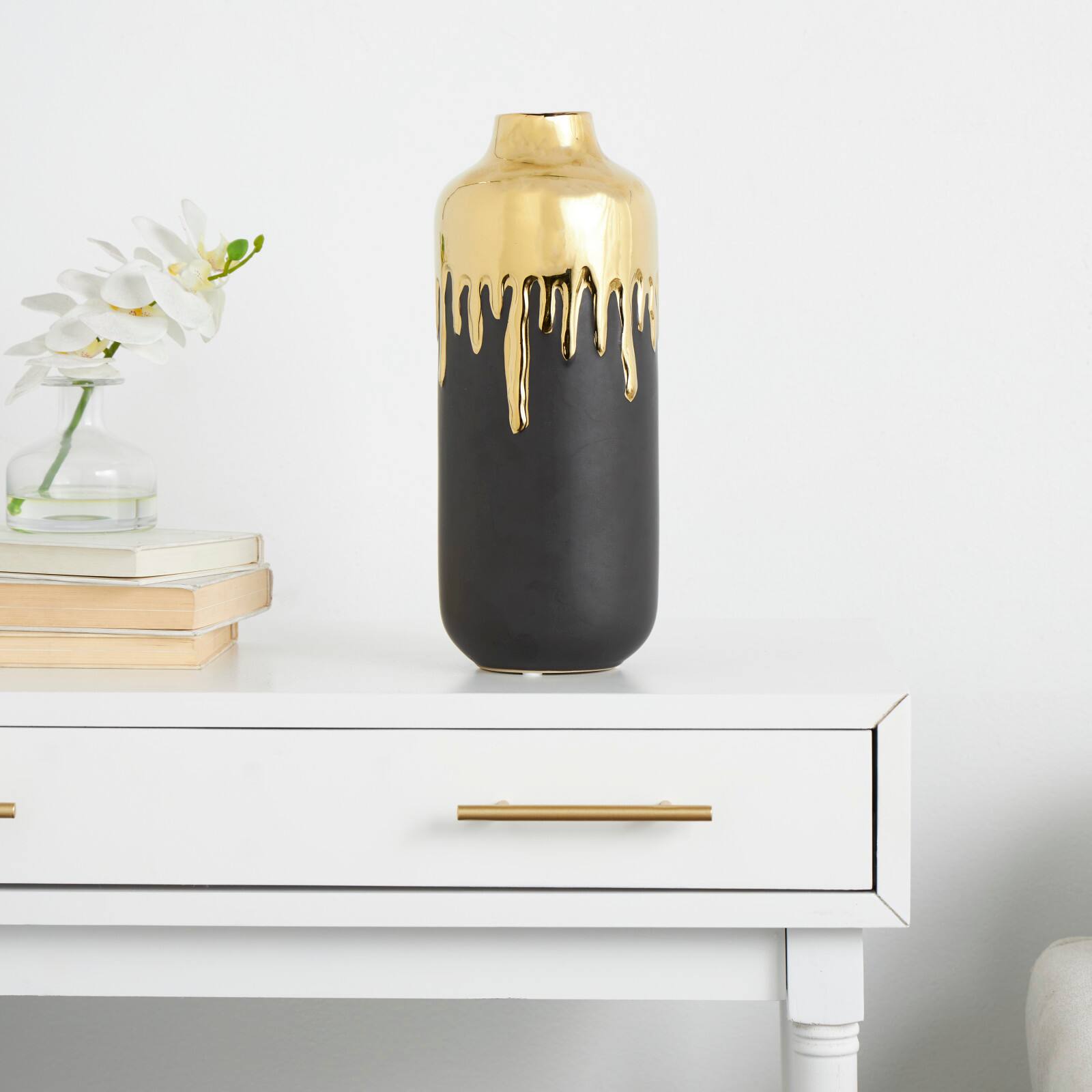 CosmoLiving by Cosmopolitan 14" Black Ceramic Vase with Gold Melting Drips