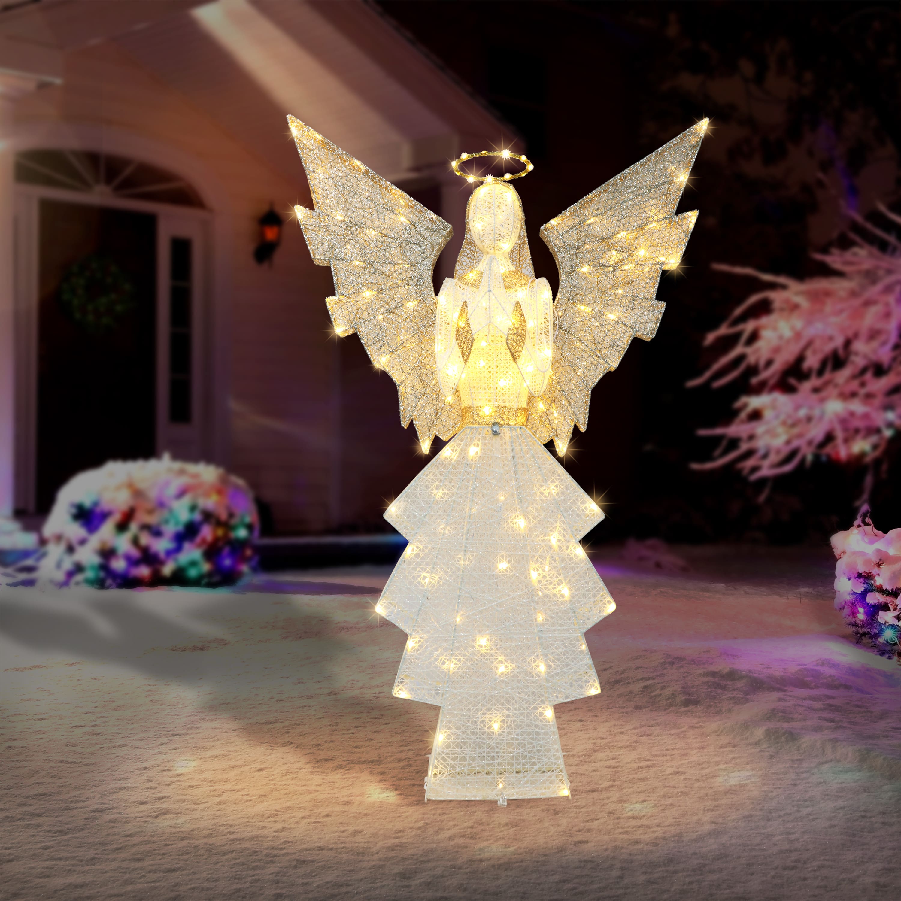 60" Gold & White Outdoor Lighted Angel, Clear LED Lights