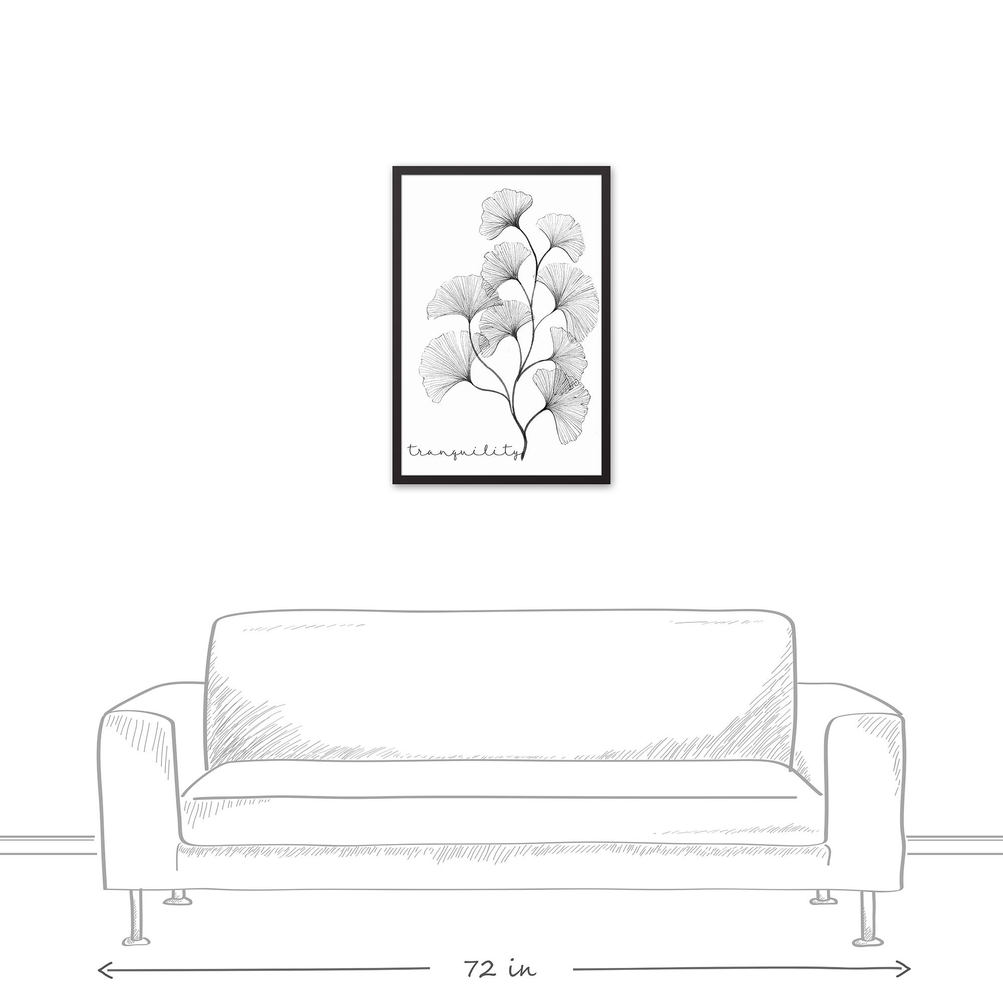 White & Black Lined Tranquility Gingko Black Framed Canvas