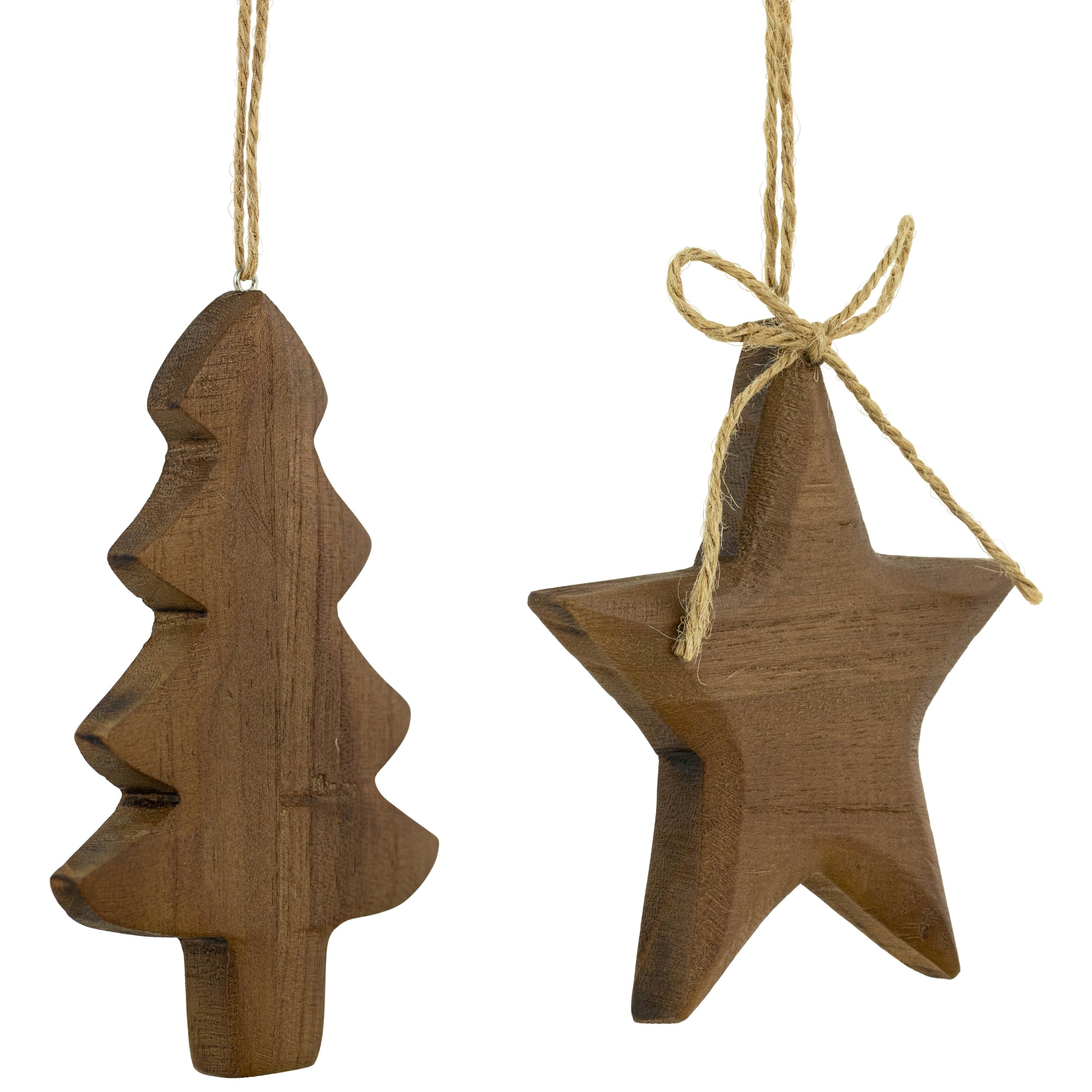 Tree and Star Wooden Christmas Ornaments - 5&#x22; - Brown - Set of 2