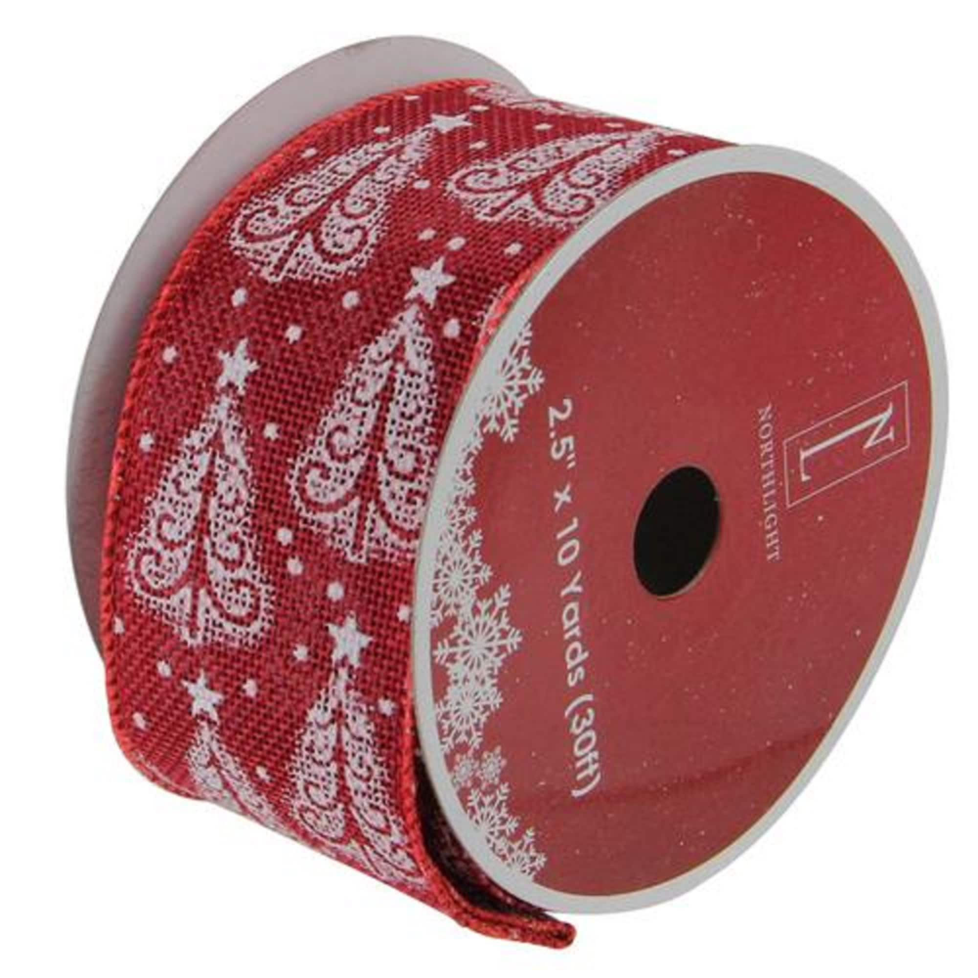 Cranberry Red and White Trees Burlap Wired Christmas Craft Ribbon 2.5" x 10 Yards
