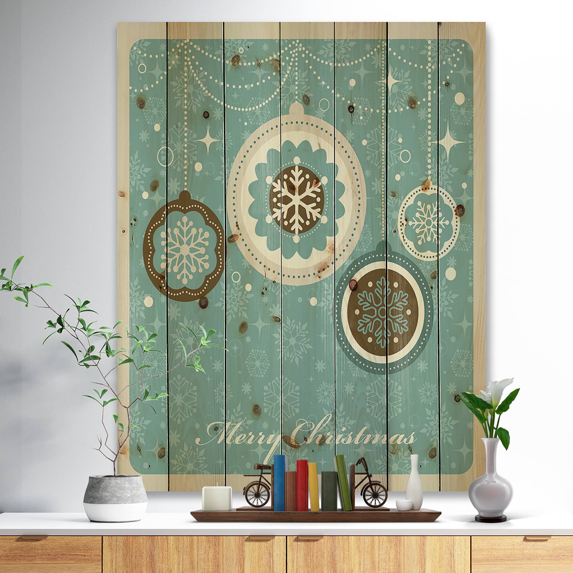 Designart Merry Christmas Tree Ball Print on Natural Pine Wood