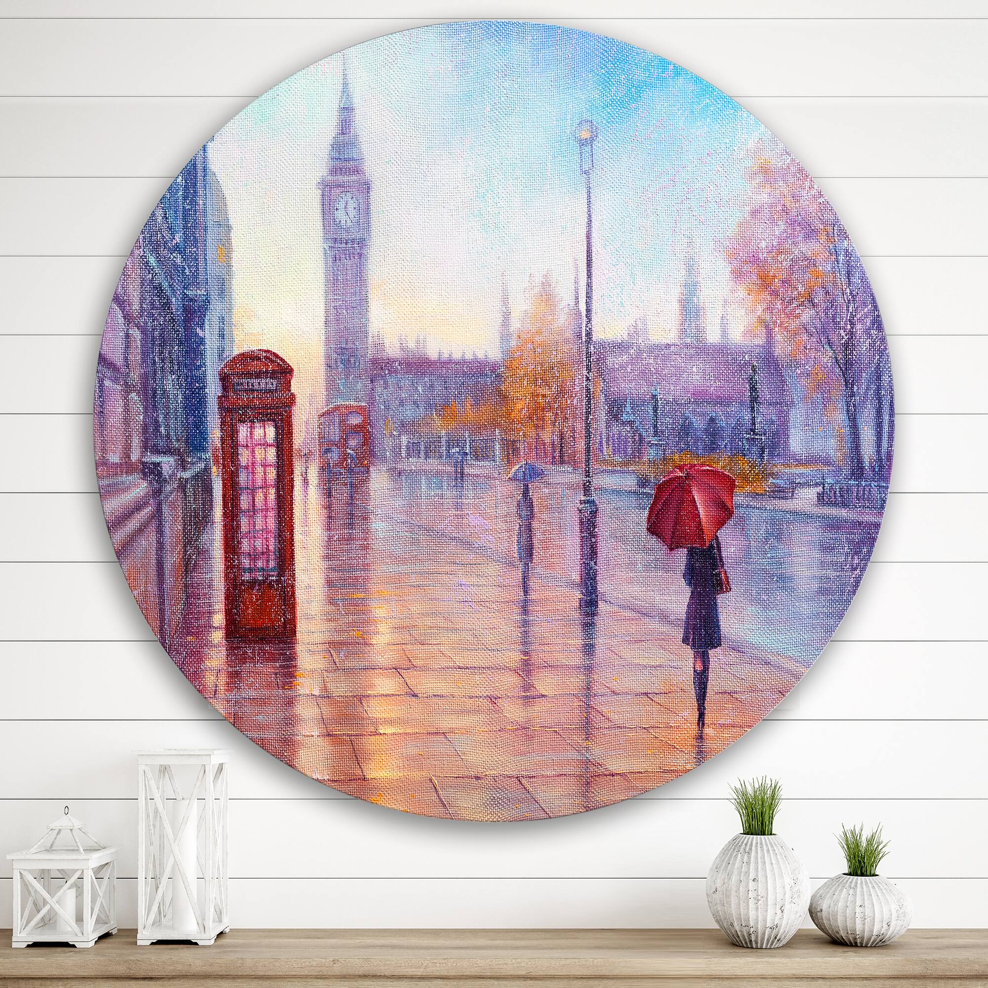 Designart - Big Ben and Woman With Red Umbrella In London - French Country Metal Circle Wall Art