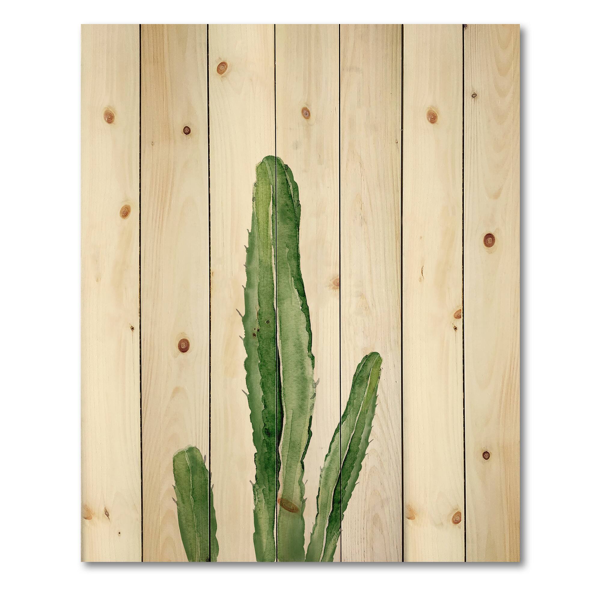 Designart - Green Cactus South Western Plant Botanical Detail - Botanical Print on Natural Pine Wood