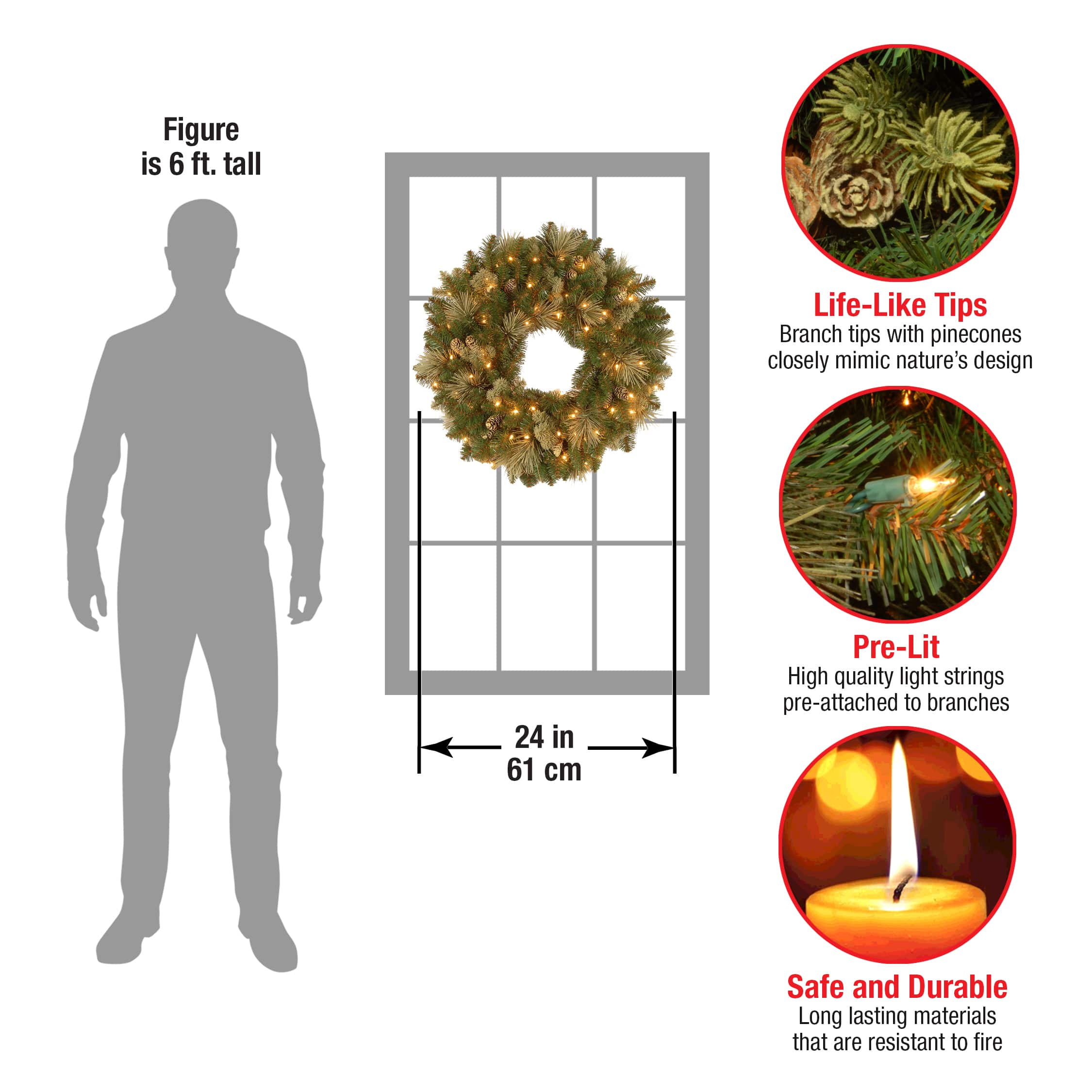 24" Carolina Pine Wreath with Warm White LED Lights