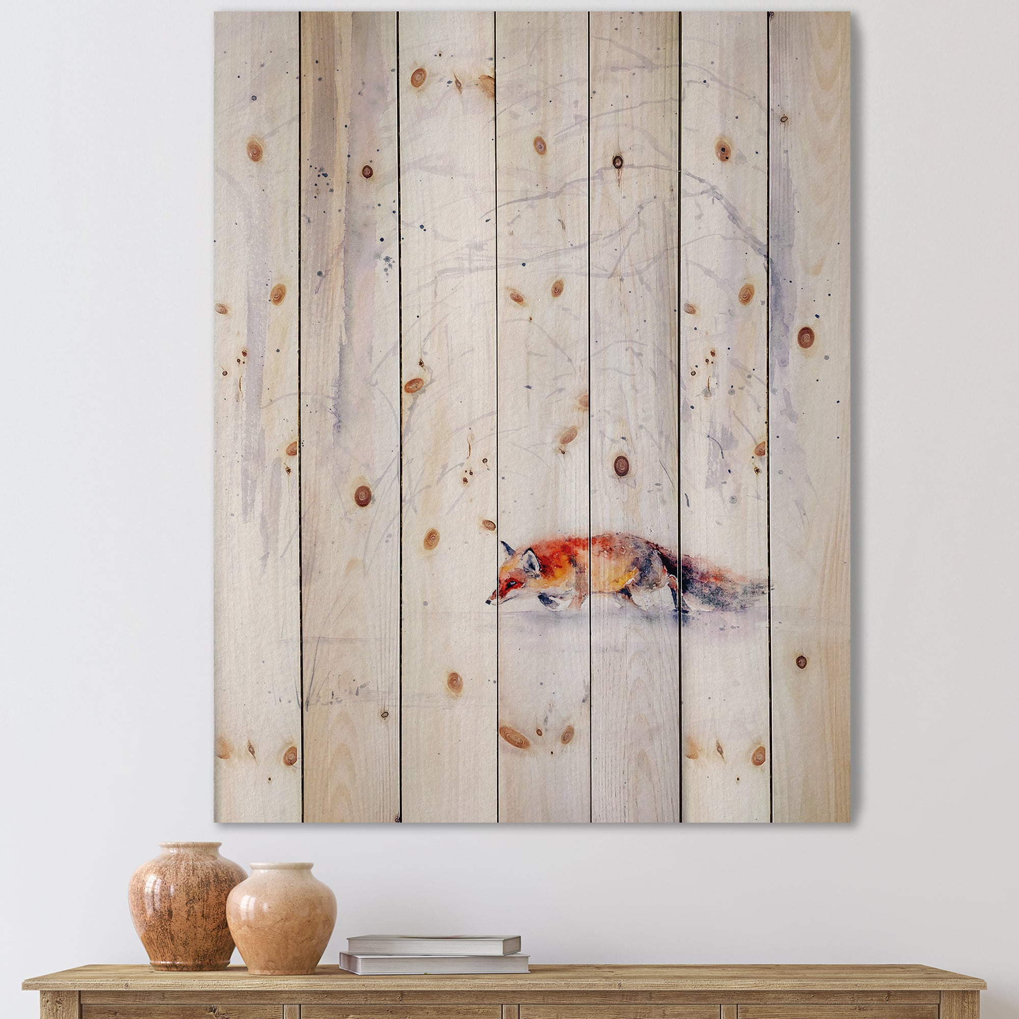 Designart - Red Fox Running In White Snow II - Farmhouse Print on Natural Pine Wood