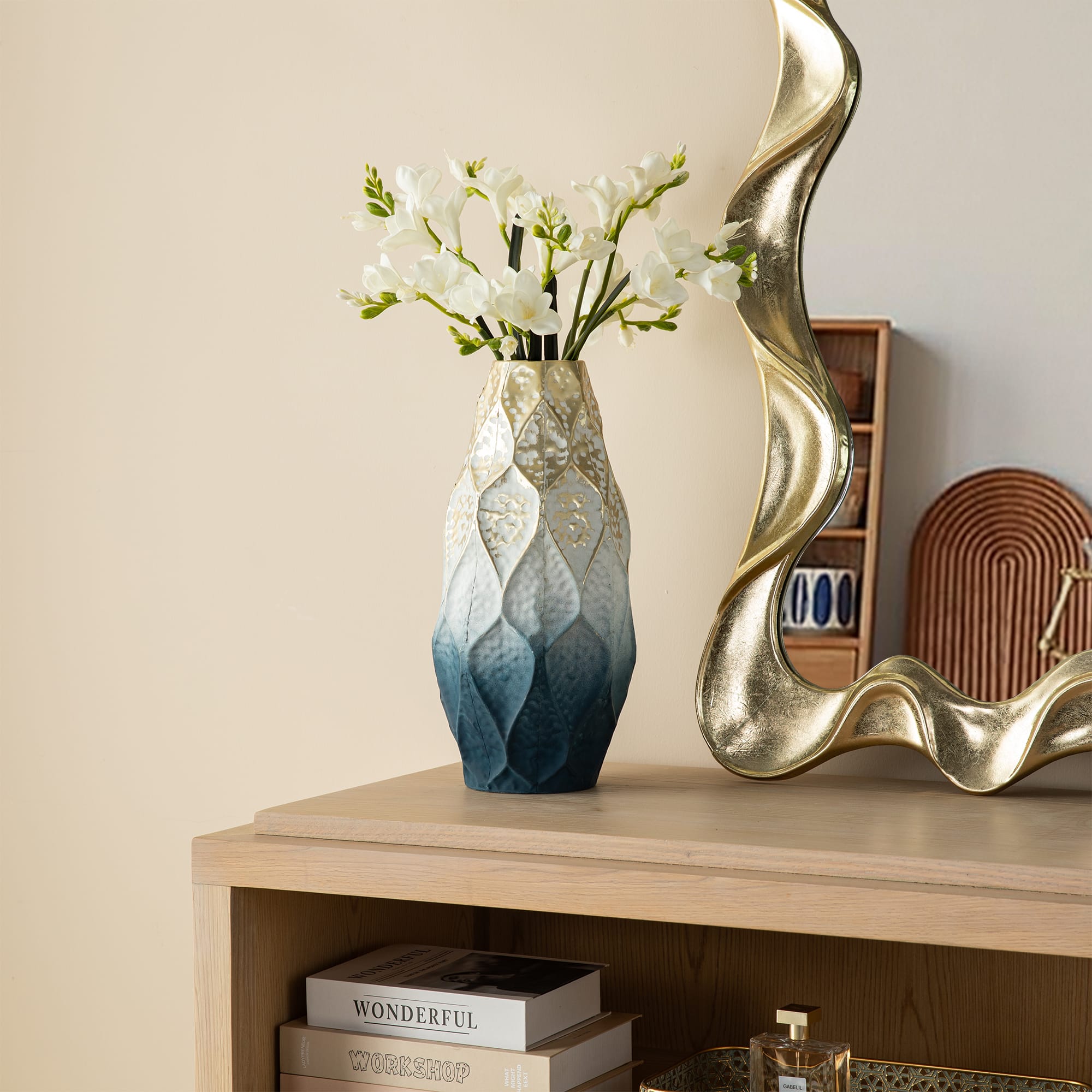 Glitzhome® Abstract Ombre Blue & Gold Metal Floor Vases Set