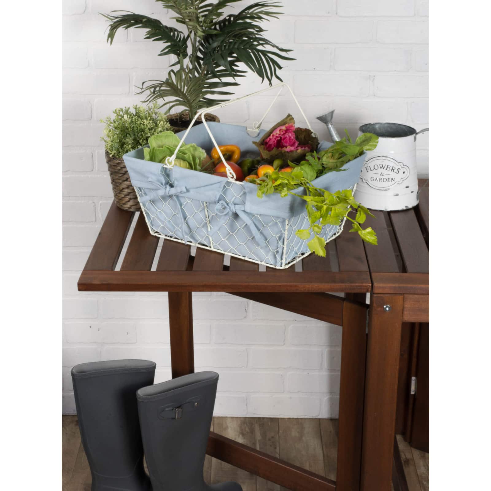 DII® Antique White Chicken Wire Egg Basket with Washed Denim Liner