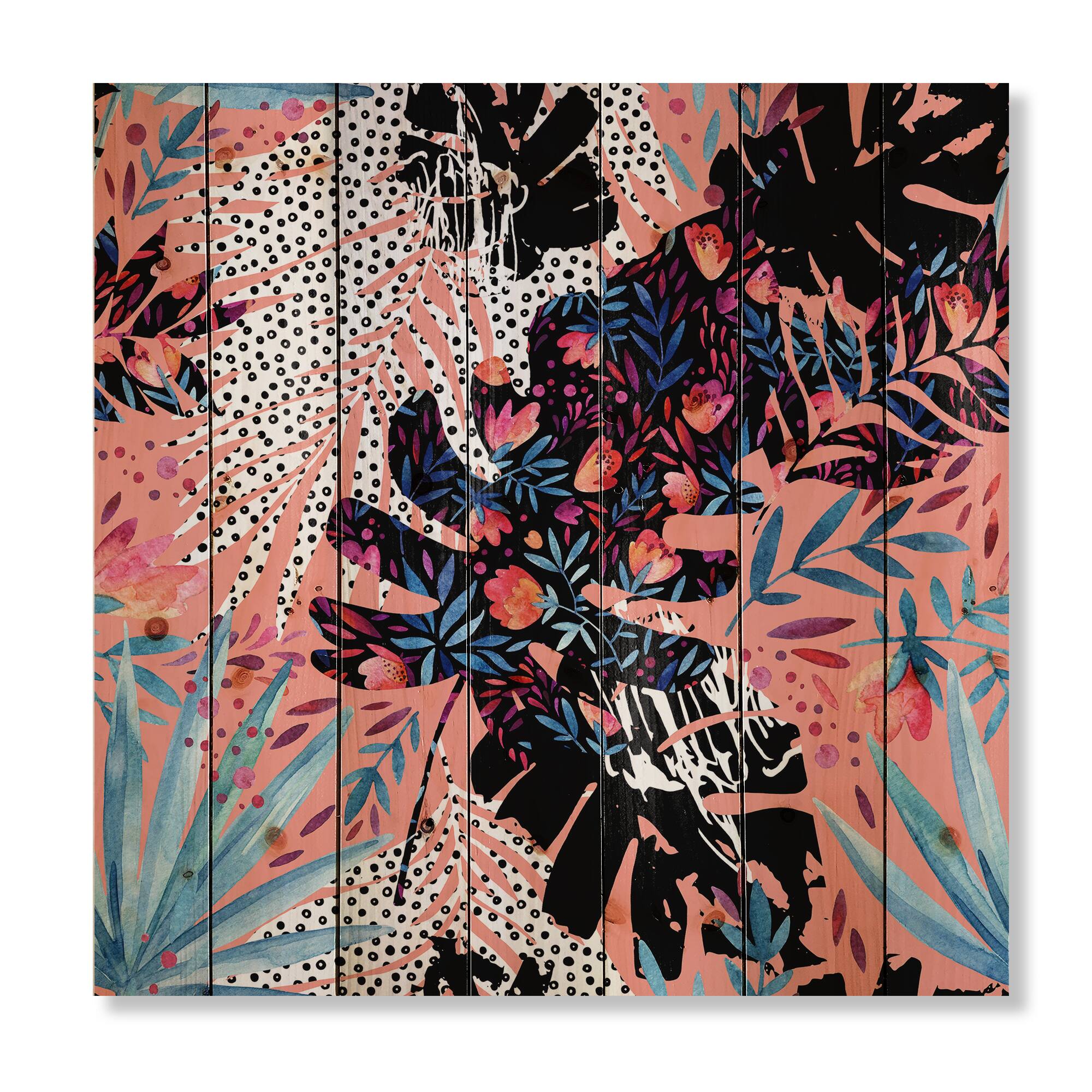 Designart - Tropical Floral Patchwork II - Tropical Print on Natural Pine Wood