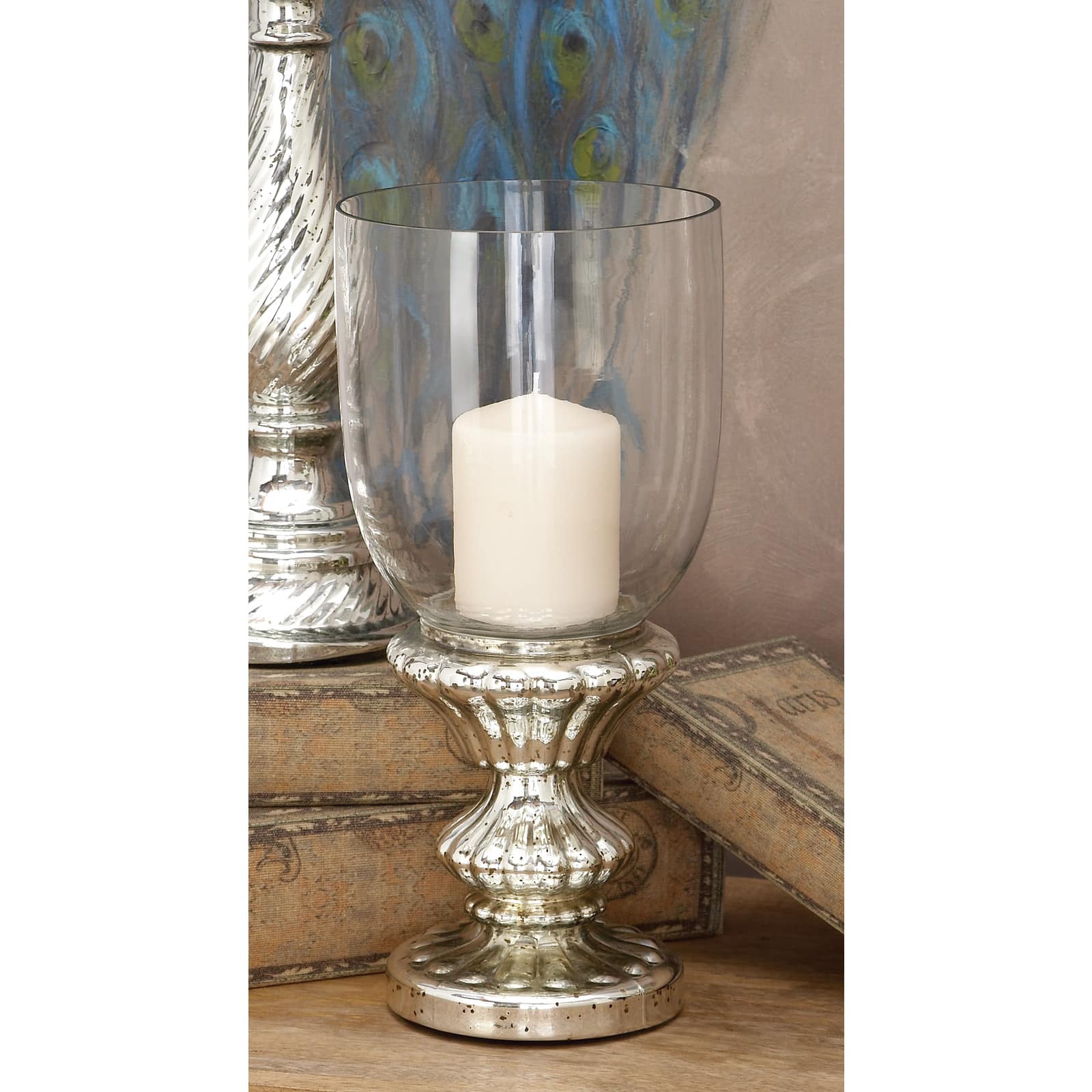 14&#x22; Silver Glass Traditional Candle Holder