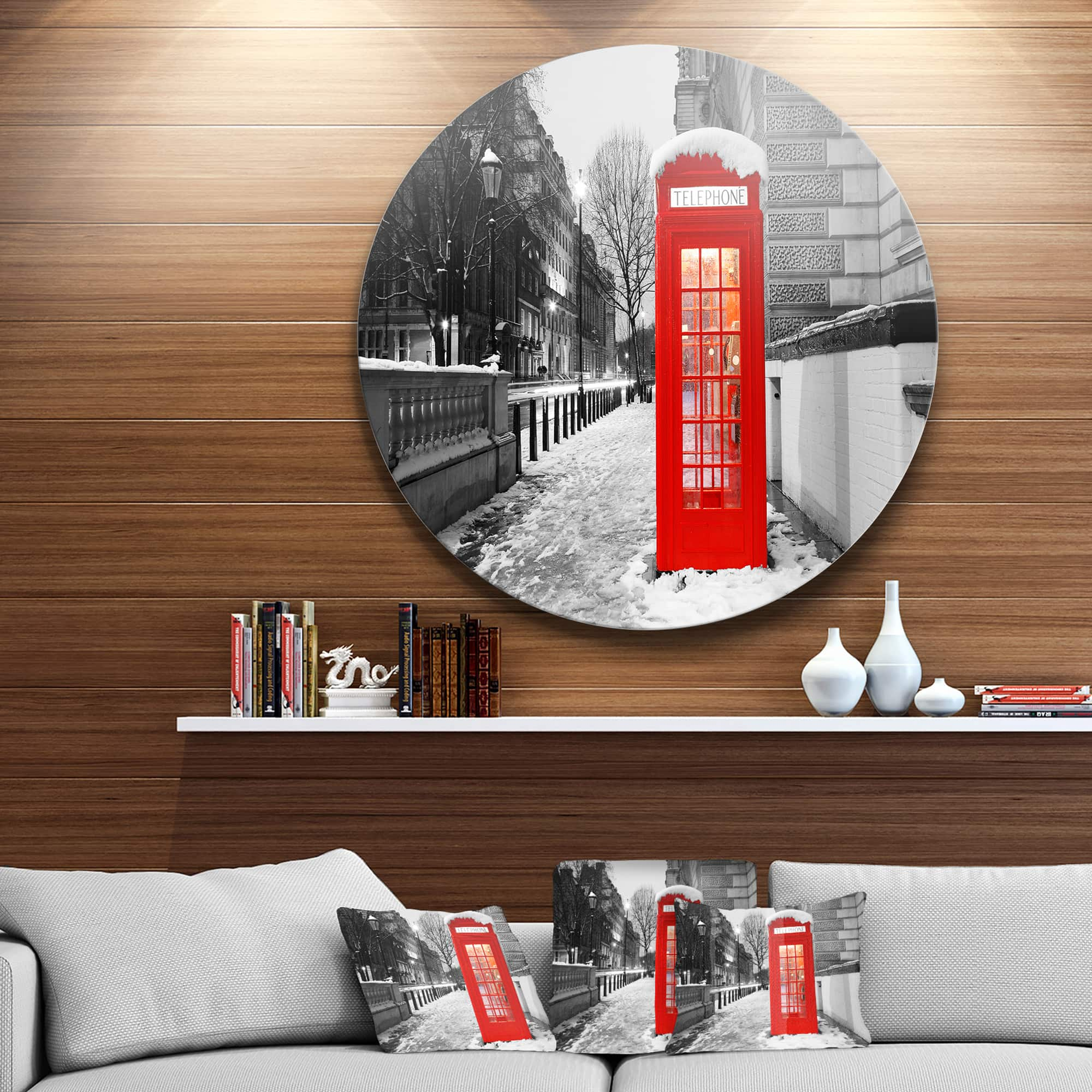 Designart - Red London Telephone Booth&#x27; Ultra Glossy Cityscape Metal Circle Wall Art