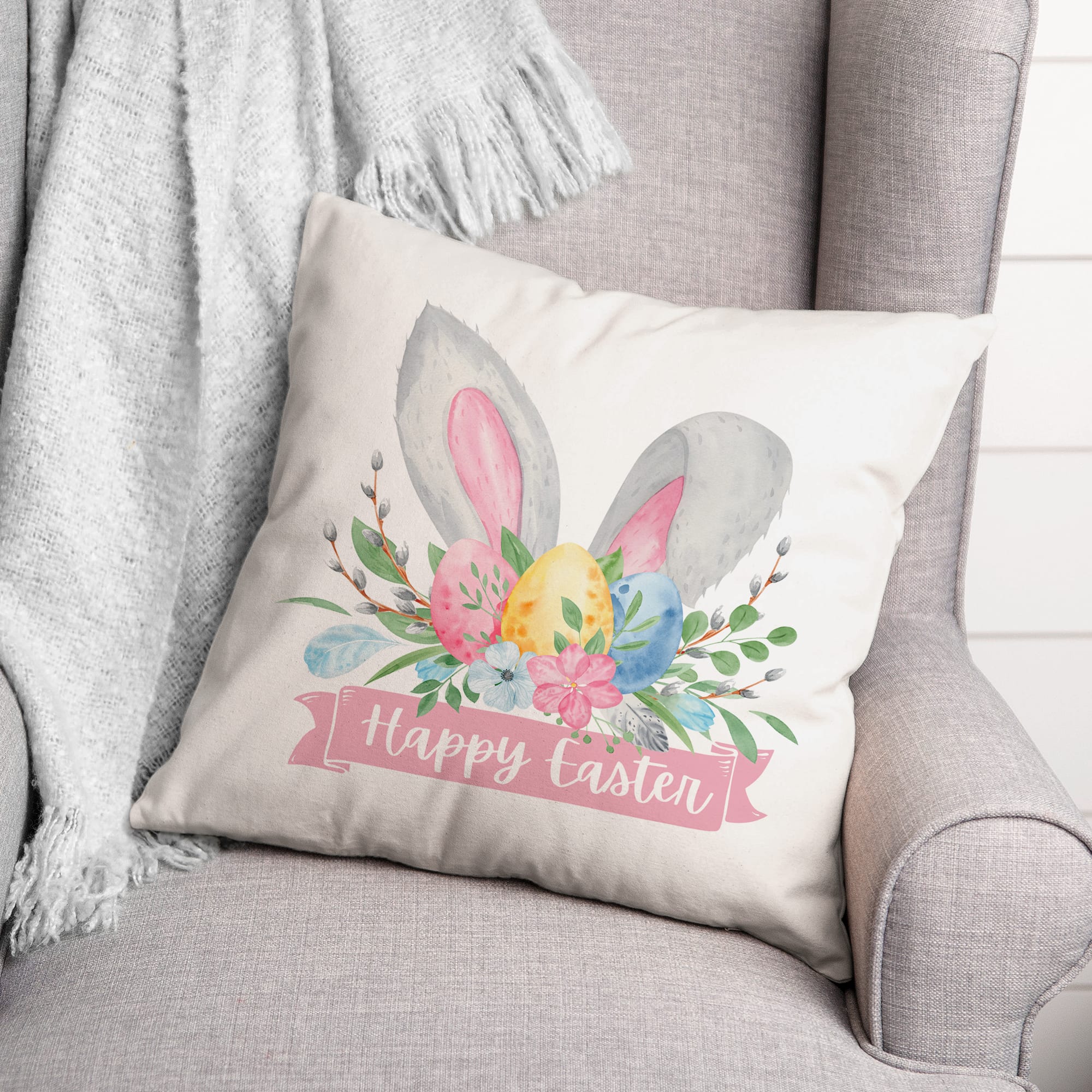 Happy Easter Banner 18&#x22; x 18&#x22; Throw Pillow