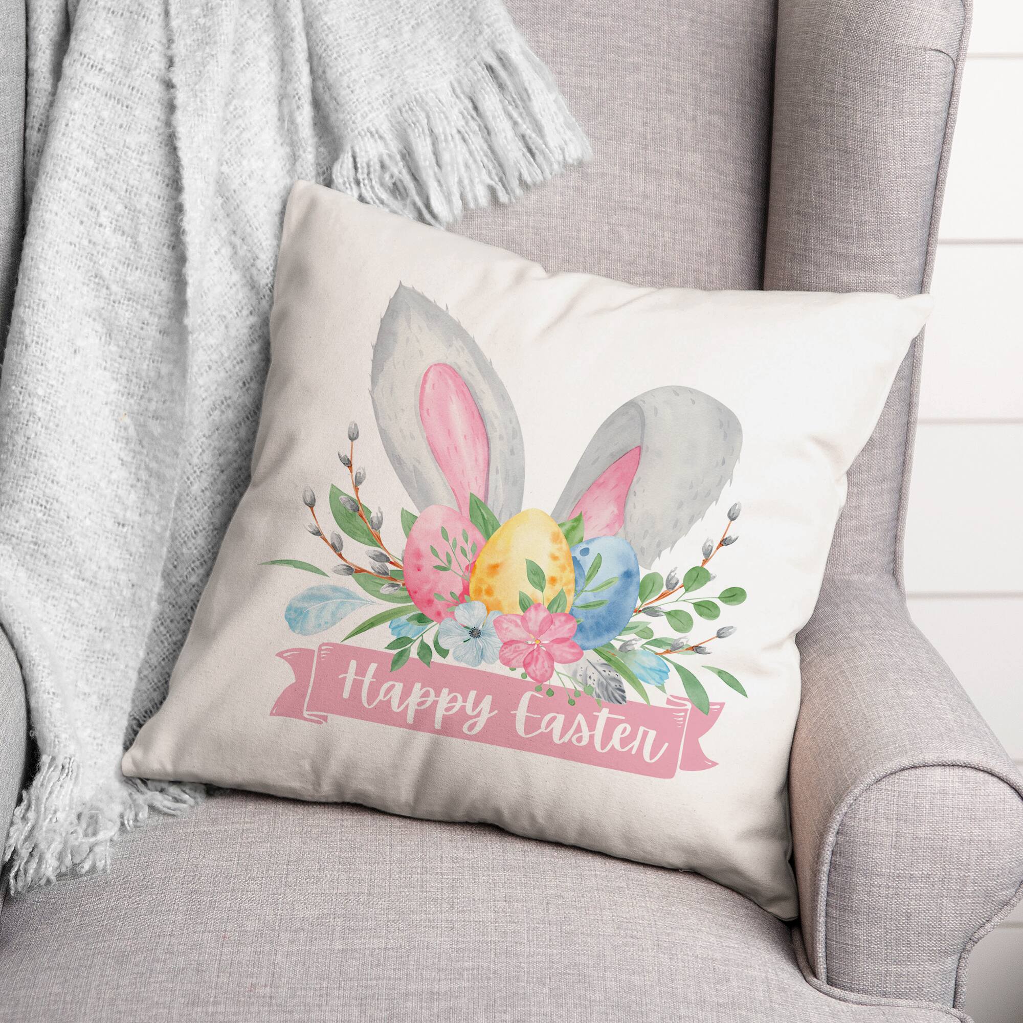 Happy Easter Banner 18" x 18" Throw Pillow