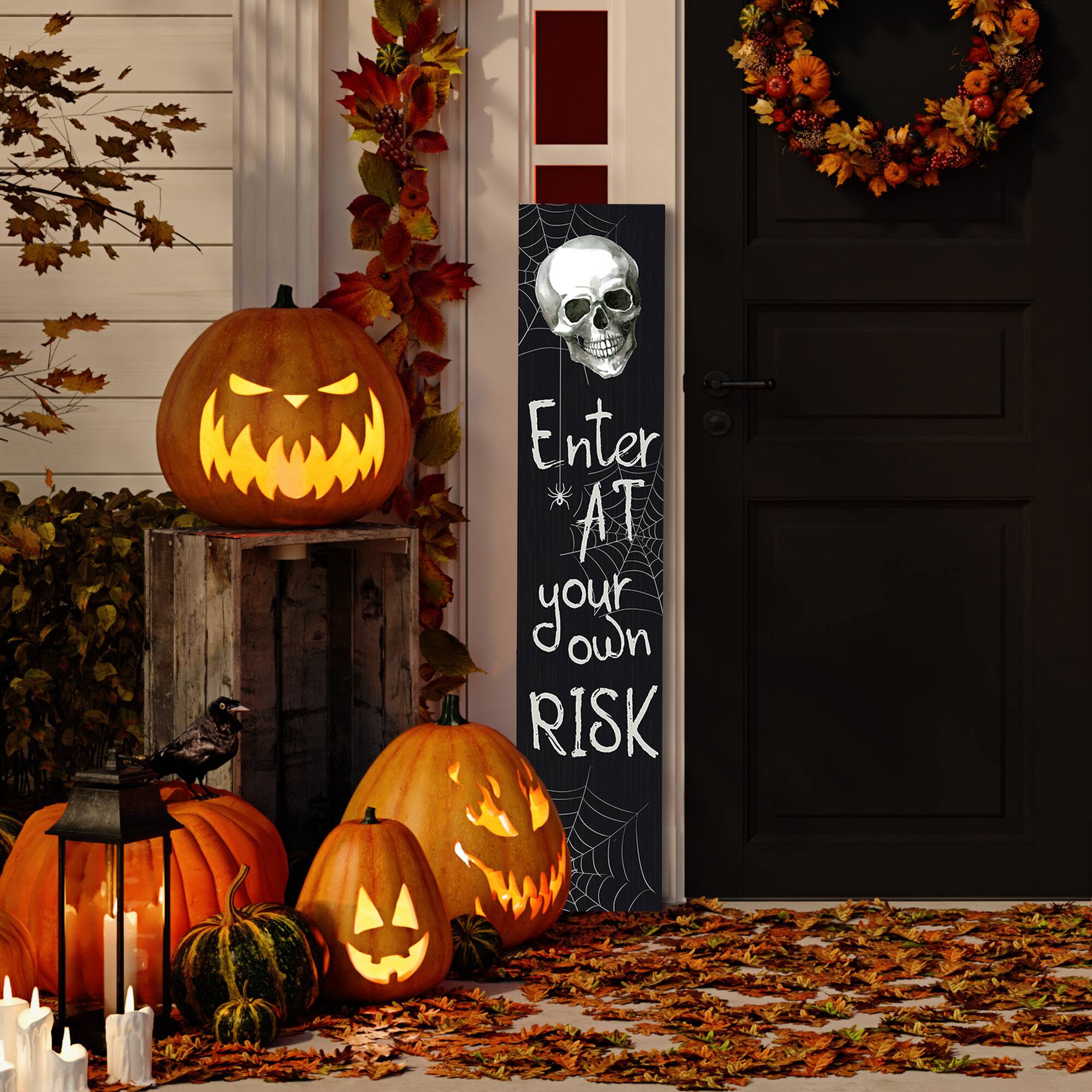 36&#x22; Black &#x26; White Enter at Your Own Risk Wood Halloween Wall Sign