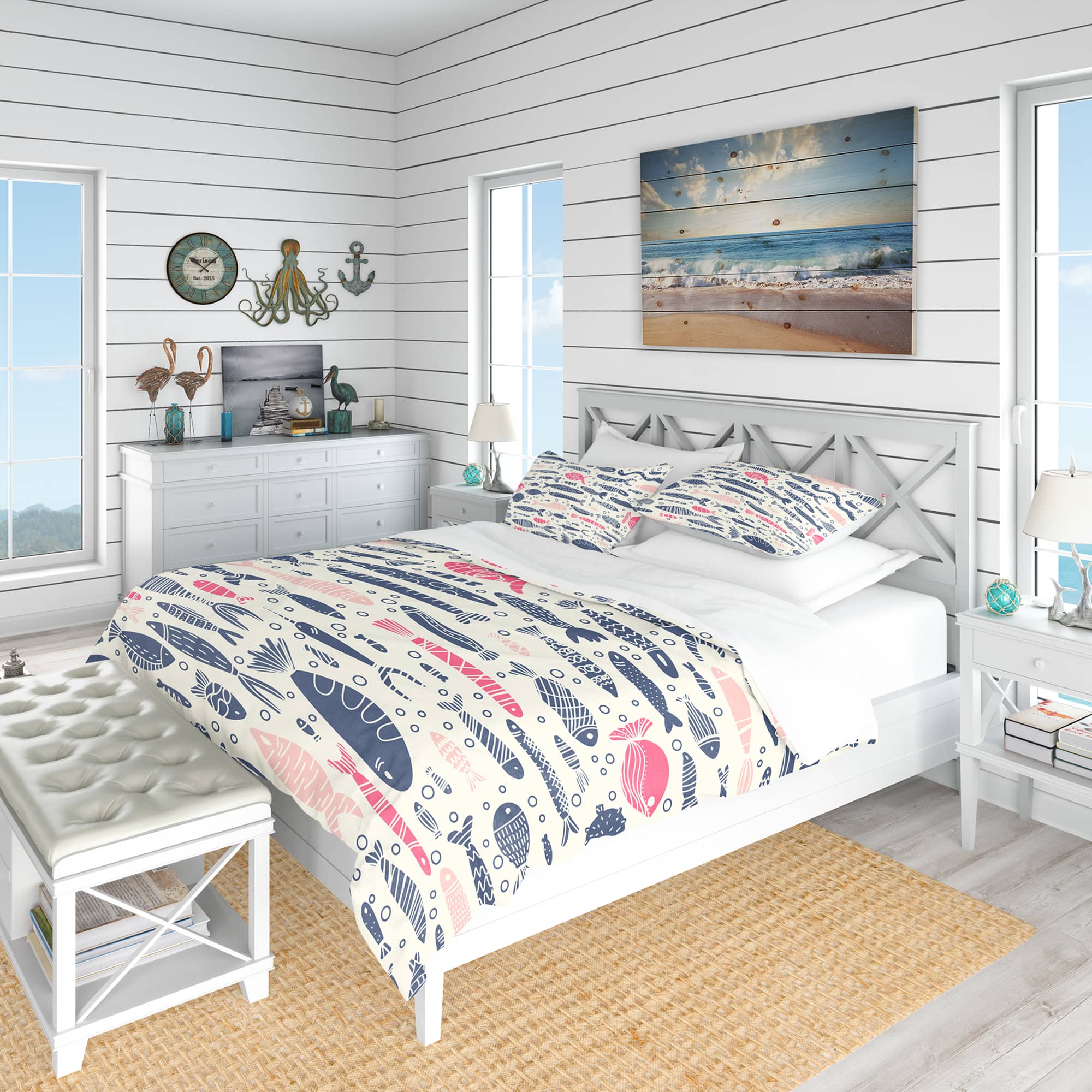 Designart &#x27;Cute Fishes with Doodles&#x27; Nautical &#x26; Coastal Bedding Set - Duvet Cover &#x26; Shams
