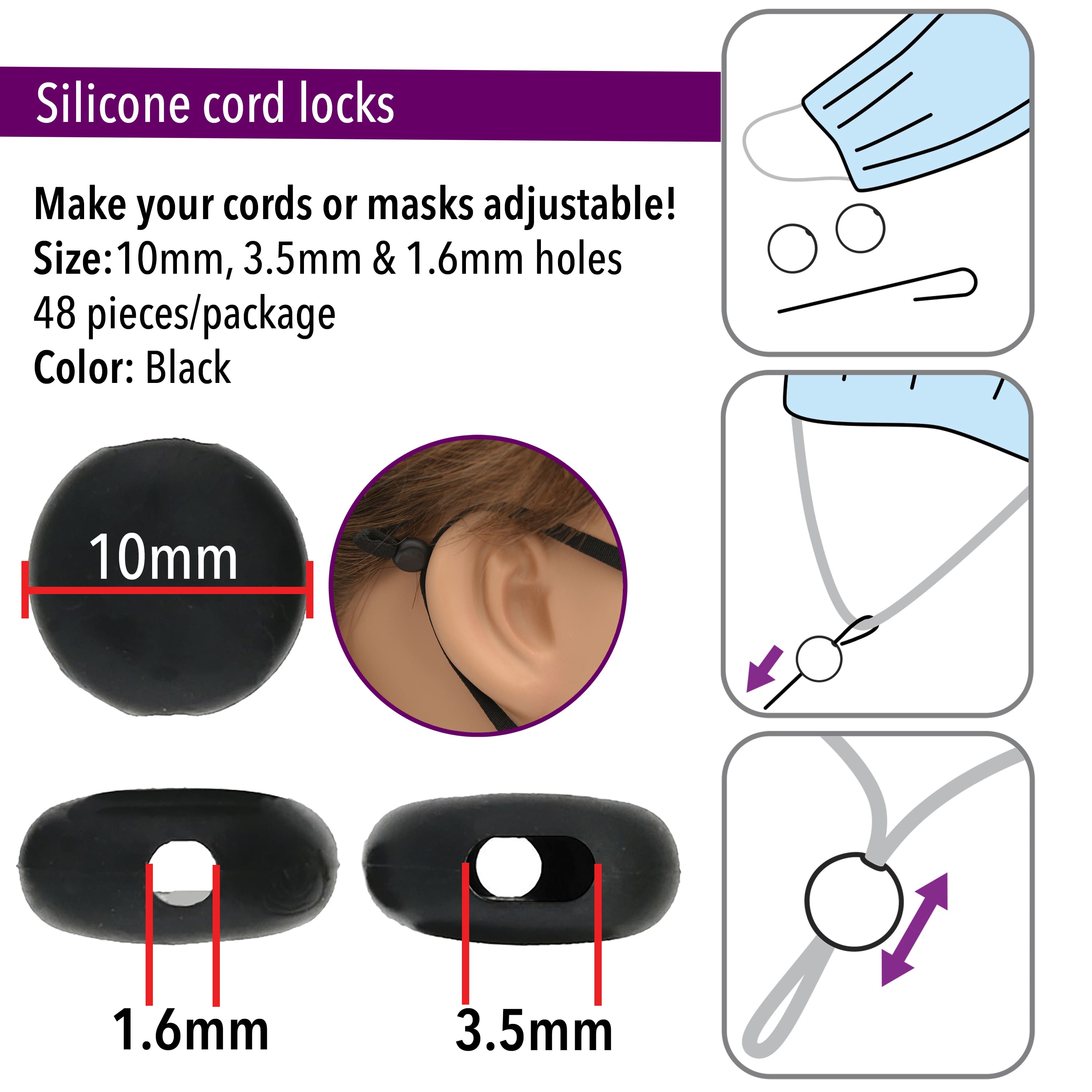 12 Packs: 48 ct. (576 total) Fablastic™ Black Silicone Cord Locks, 10mm