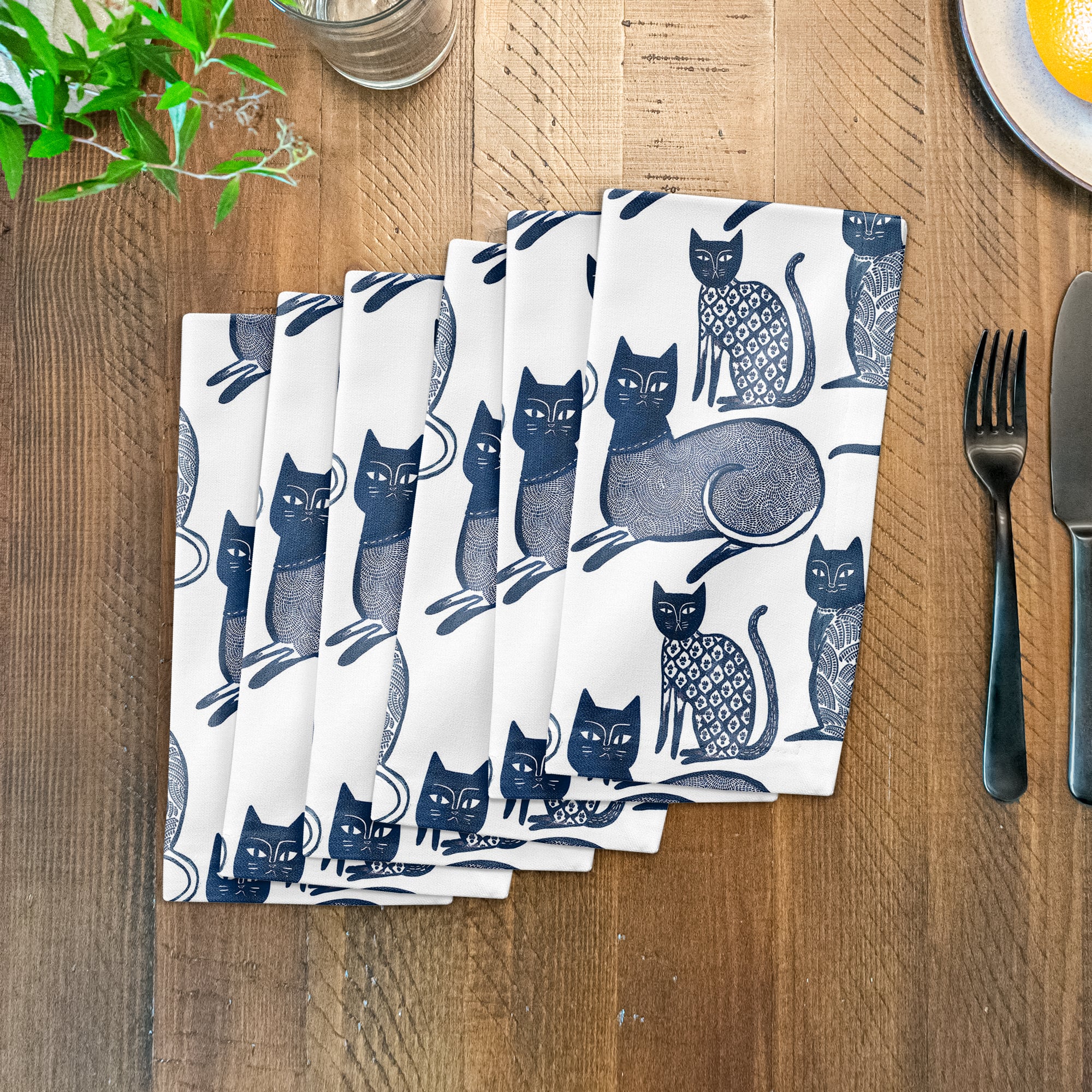 Blue Cat Pattern 10&#x22; x 10&#x22; Cotton Twill Napkin