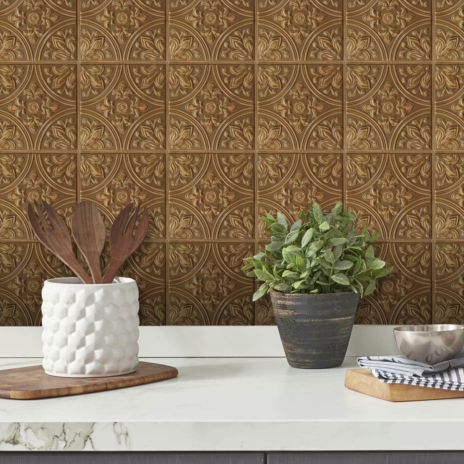 Roommates Copper Tin Tile Peel &#x26; Stick Backsplash