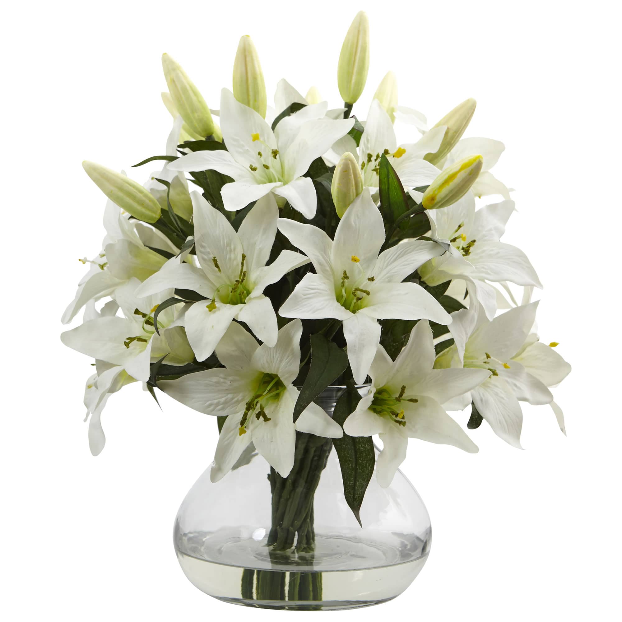 16&#x22; White Lily Silk Arrangement with Glass Vase