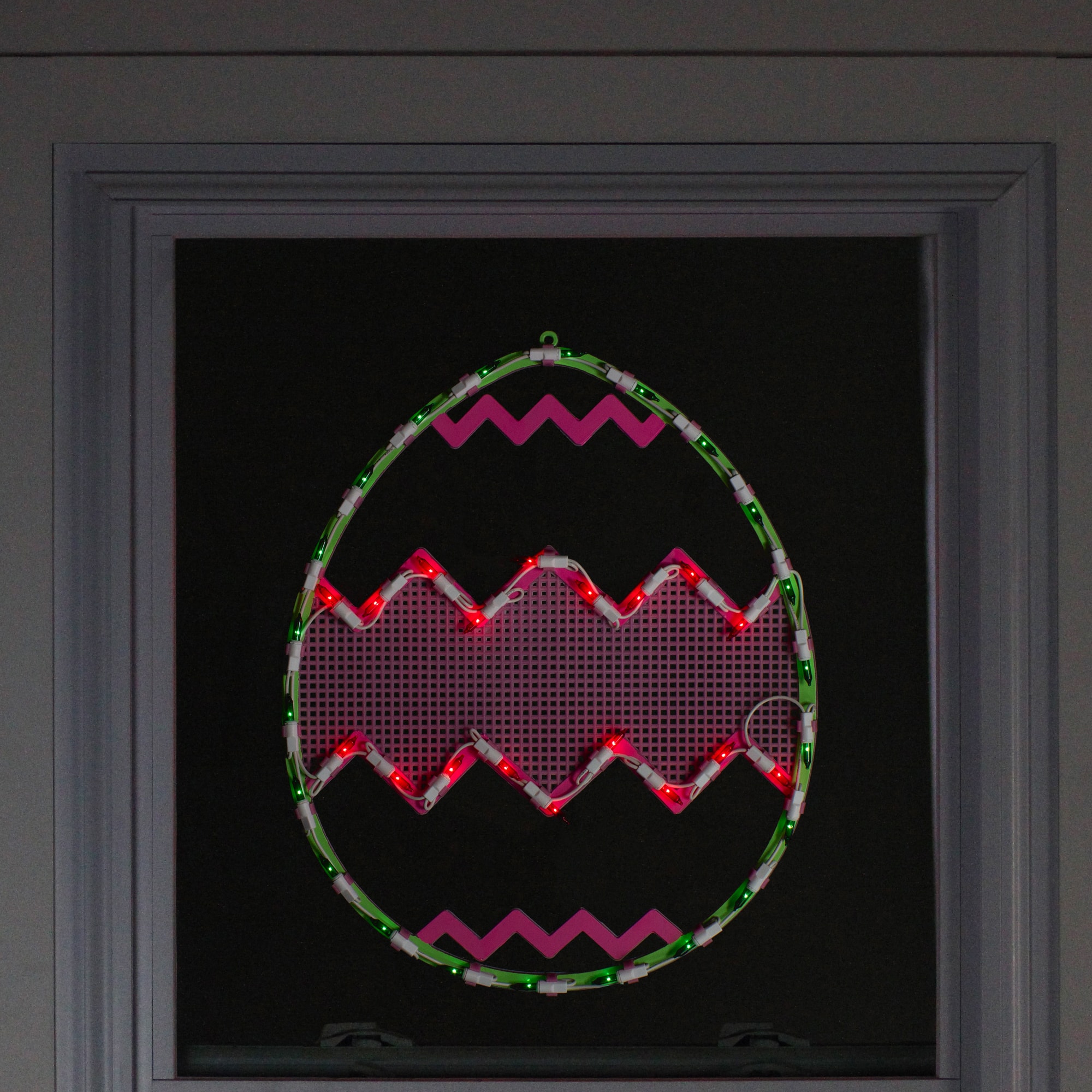 17&#x22; Green with Pink Chevron Stripe Lighted Easter Egg Window Silhouette