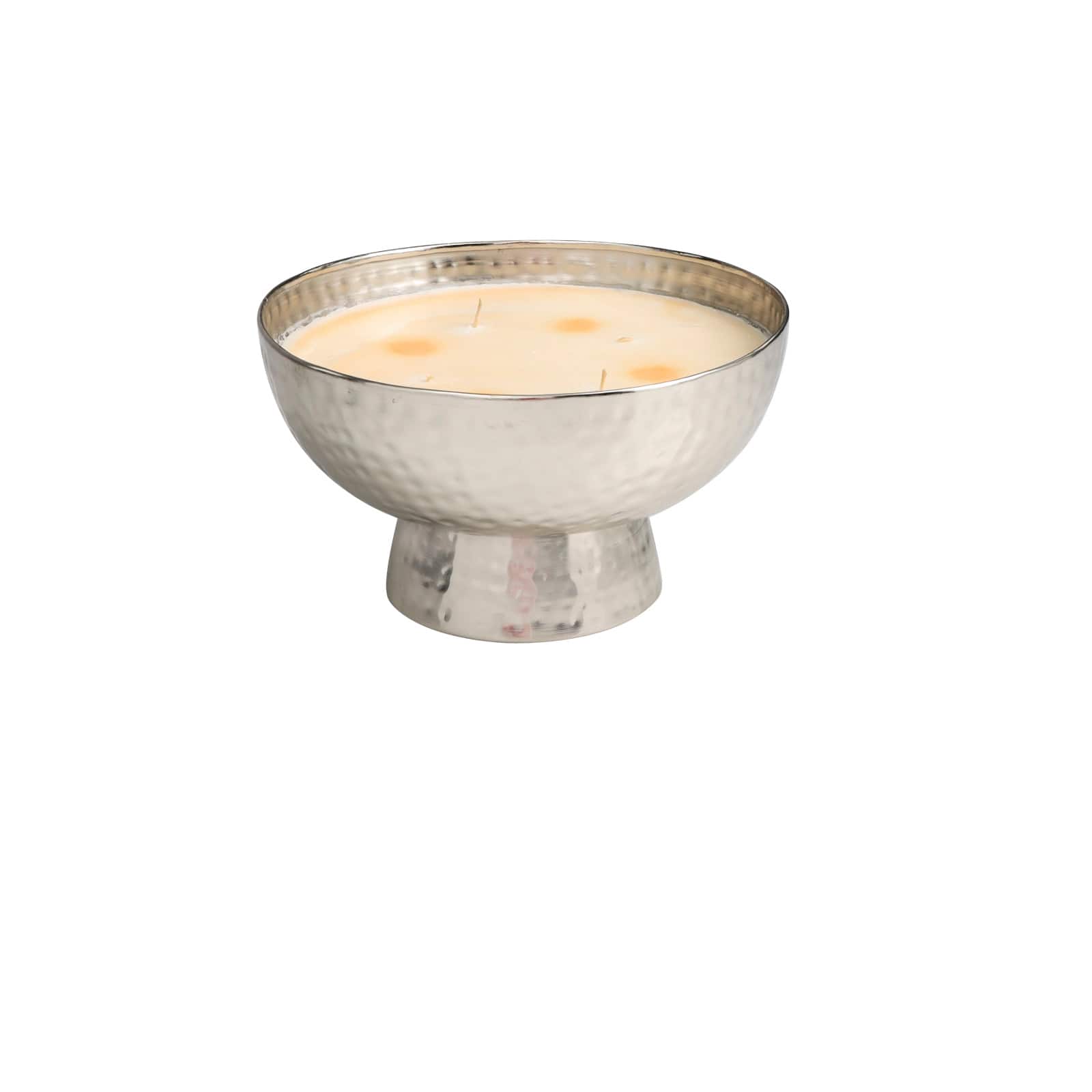 White Wax Jasmine Scented Candle with Elevated Wide Hammered Silver Container