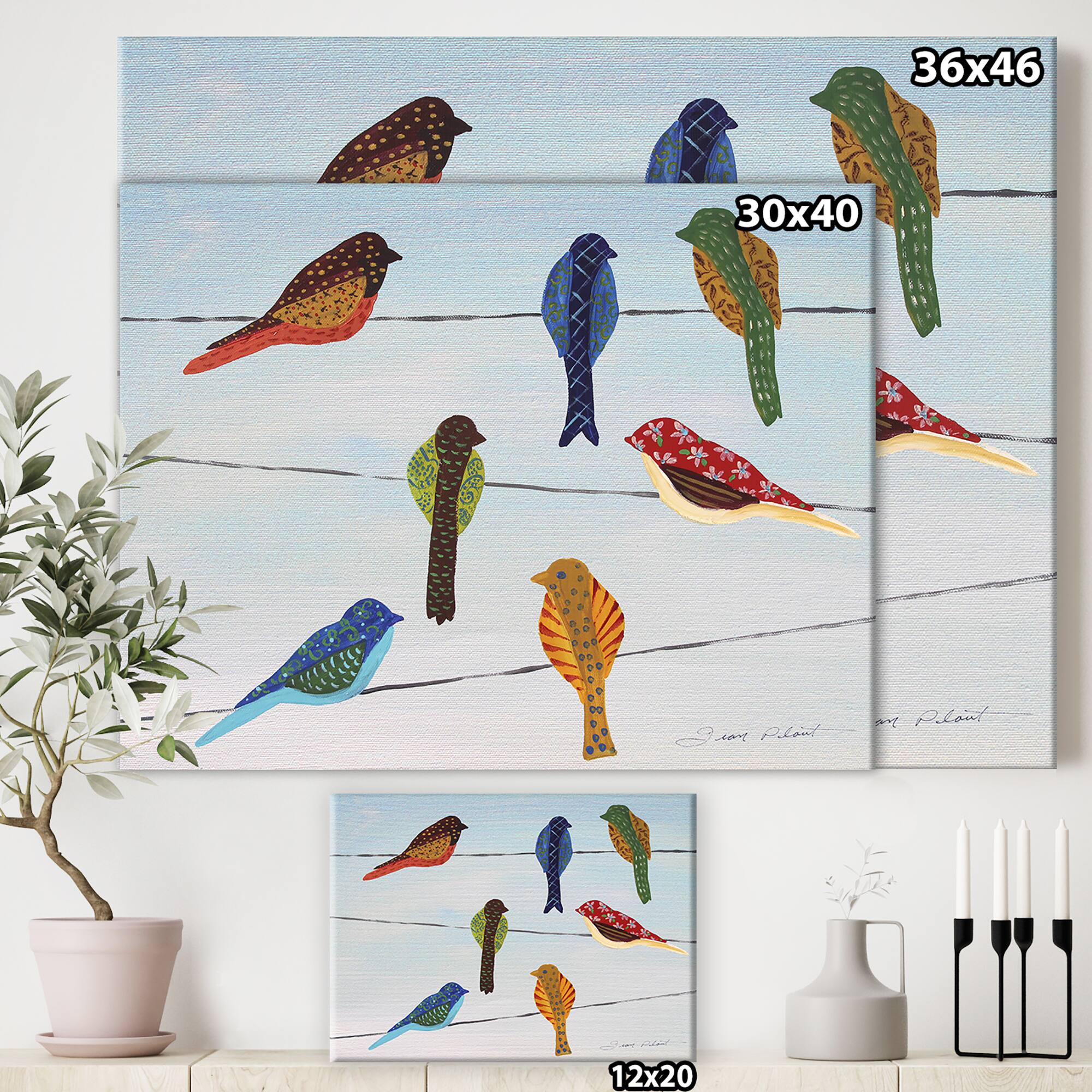 Designart - Lovely Colorful Birds On Wires 1 - Cottage Premium Canvas Wall Art