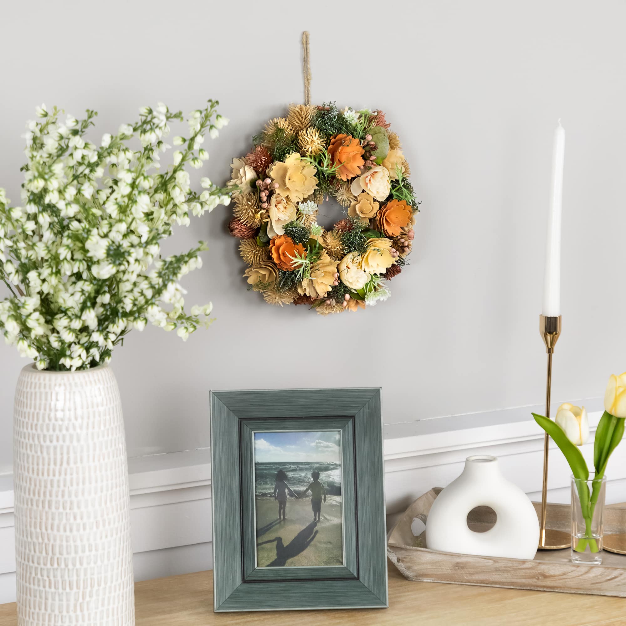 9.75&#x22; Beige &#x26; Peach Mixed Floral Artificial Spring Wreath