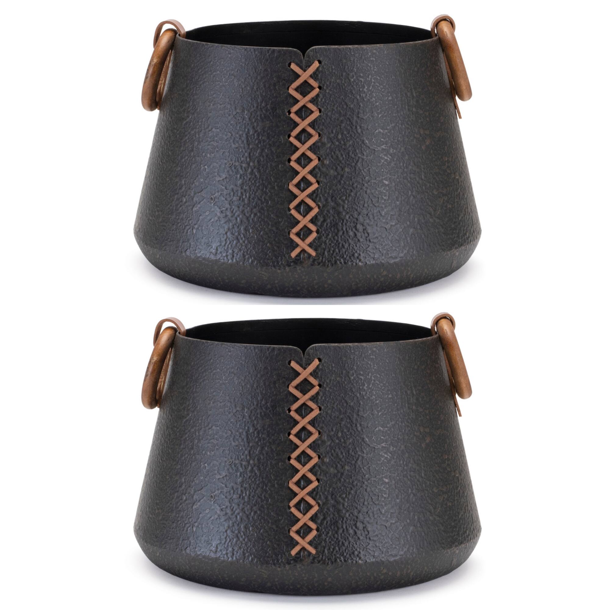 9&#x22; Iron Metal Vases with Leather Accents, 2ct.