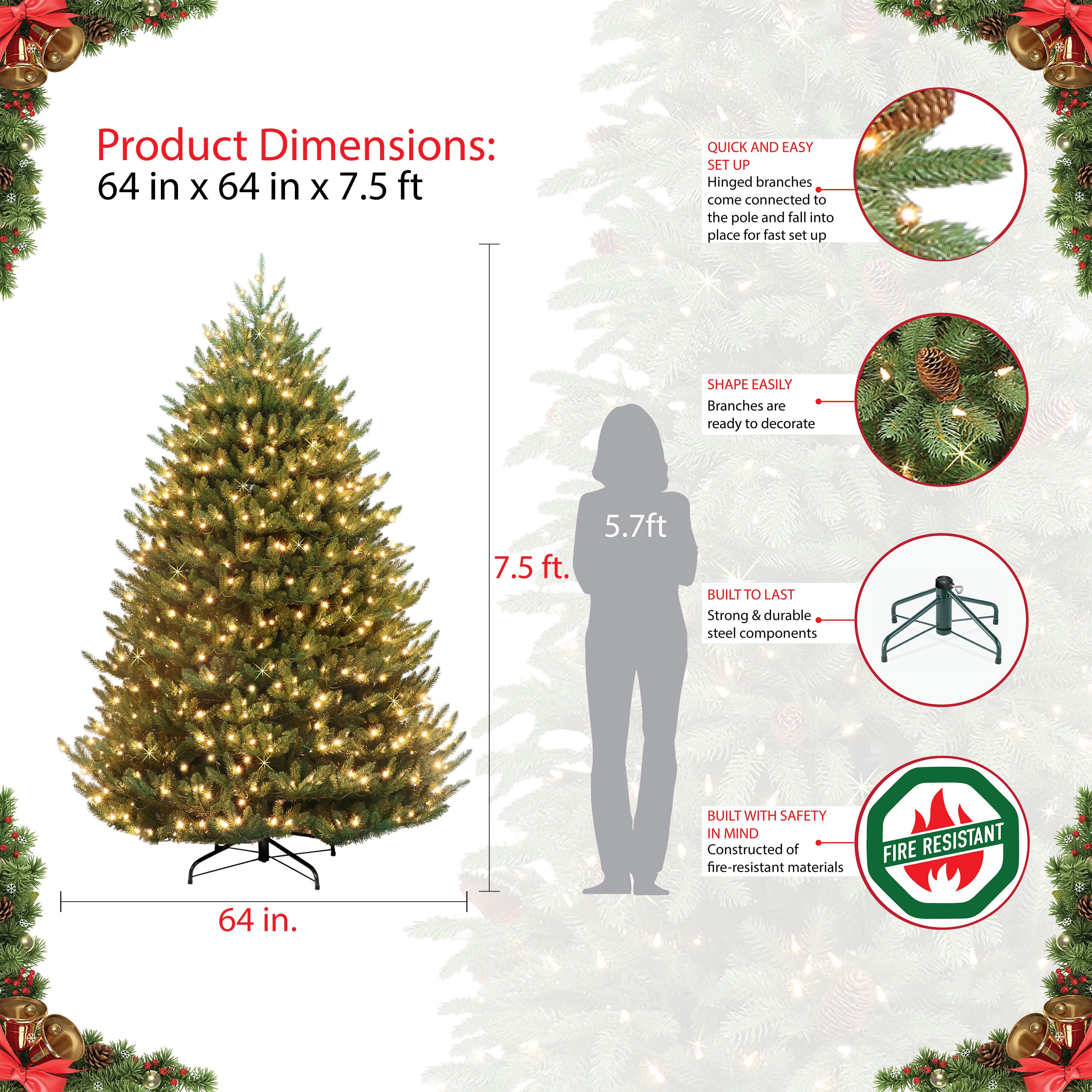 7.5ft. Pre-Lit Canadian Balsam Fir Artificial Christmas Tree, Clear LED Lights