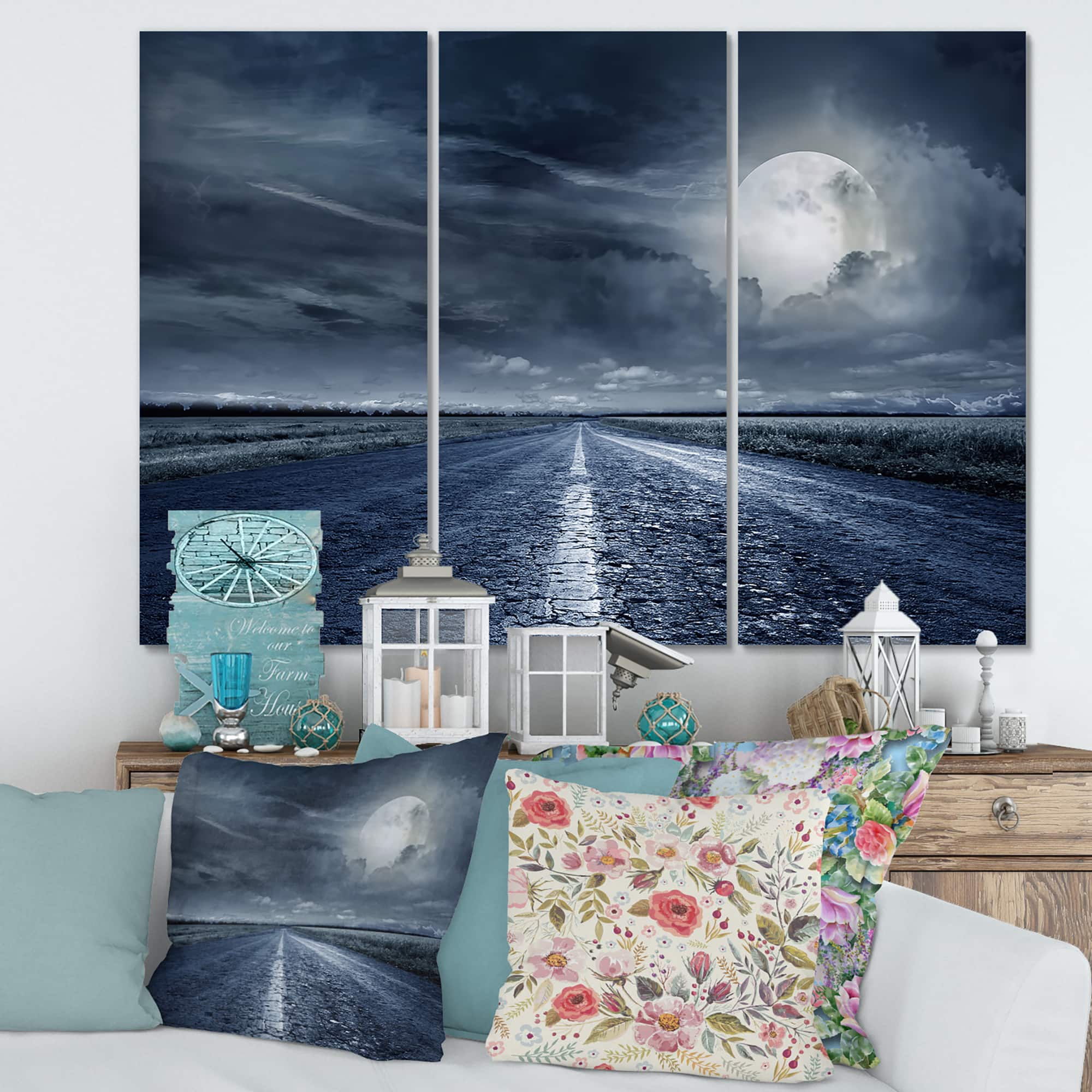 Designart - Asphalt Road Under Cloudy Full Moon II