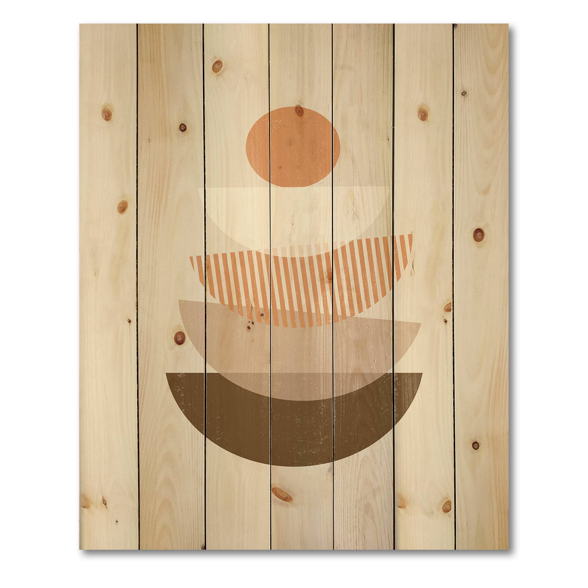 Designart - Abstract Sun & Moon Geometrics In Terracotta I - Modern Print on Natural Pine Wood