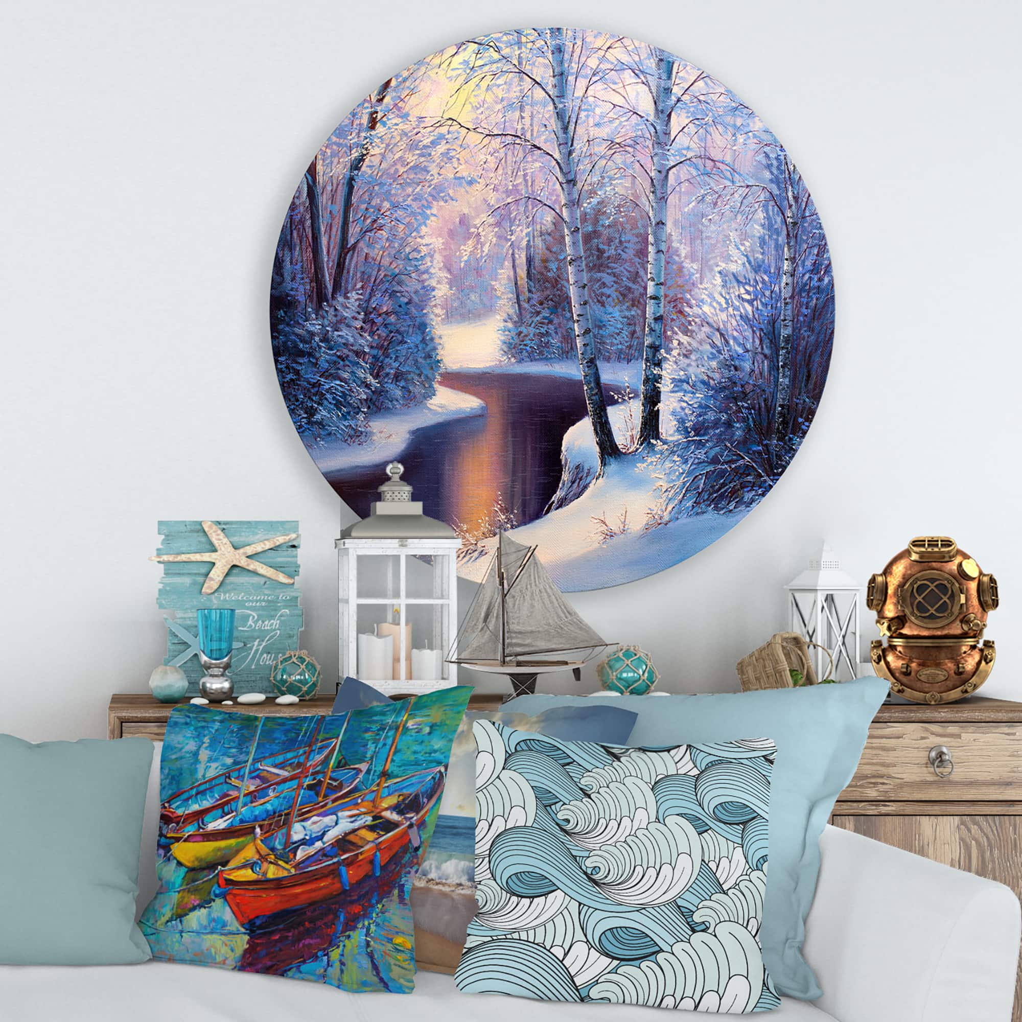 Designart - Christmas Forest With River and Trees I - Traditional Metal Circle Wall Art