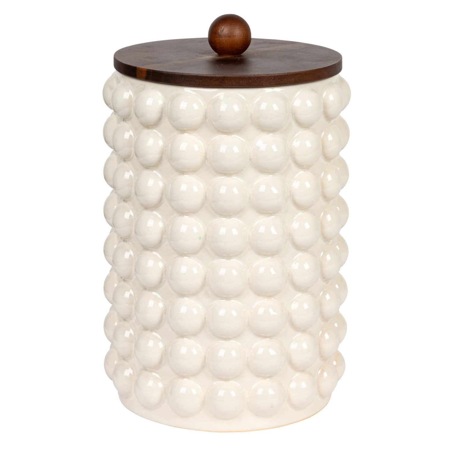 Hello Honey® White Raised Dots Stoneware Canister with Acacia Wood Lid