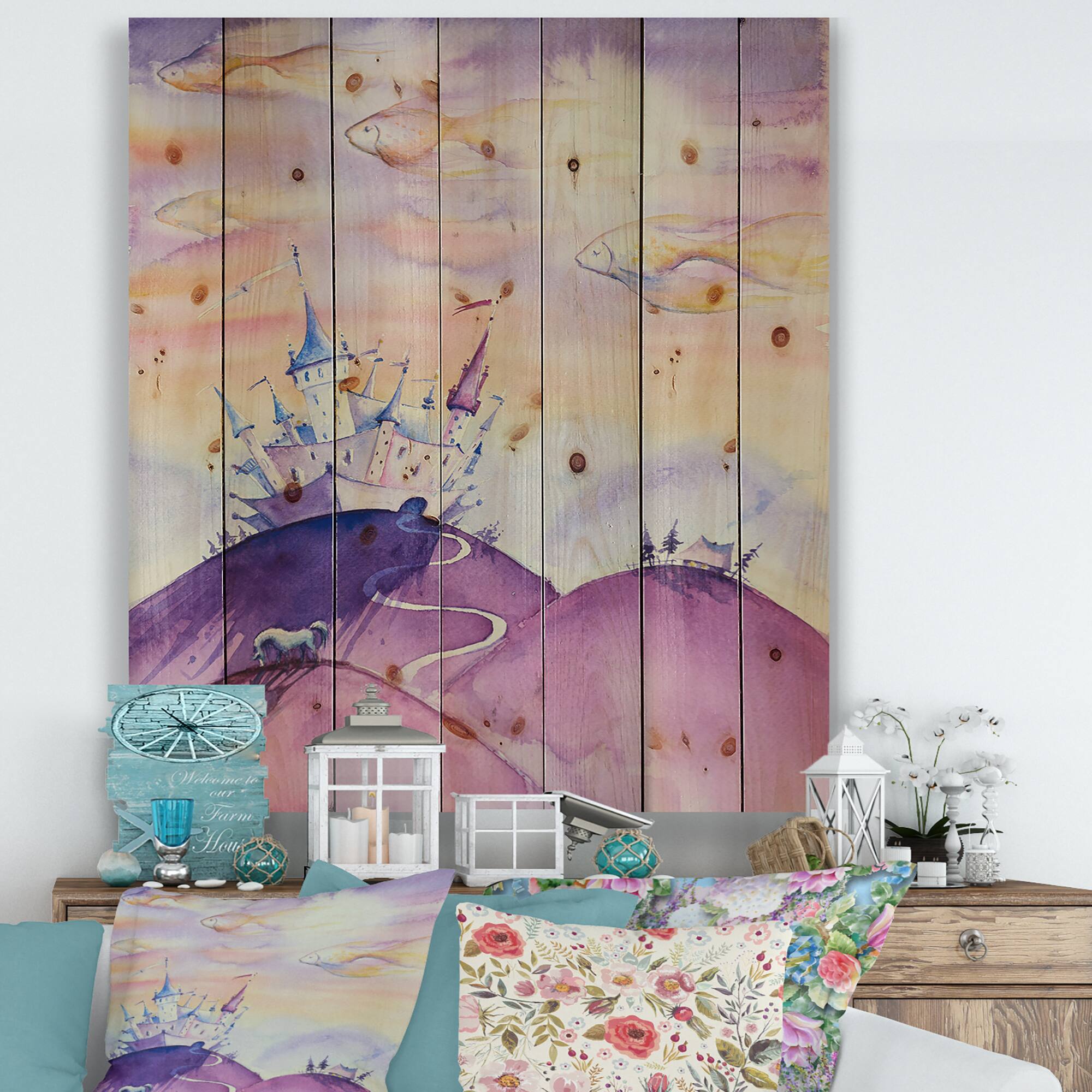 Designart - Fairy Tale Kingdom On Purple Mountain Top - Children&#x27;s Art Print on Natural Pine Wood