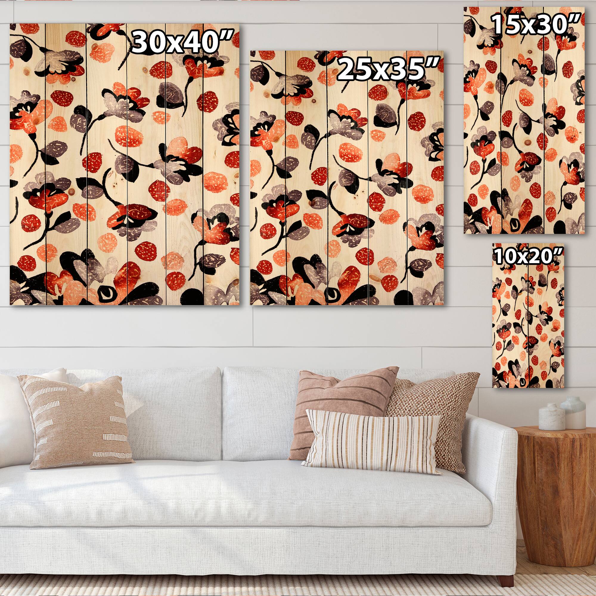 Designart - Modern Flower In Blue Red and Orange - Bohemian &#x26; Eclectic Print on Natural Pine Wood