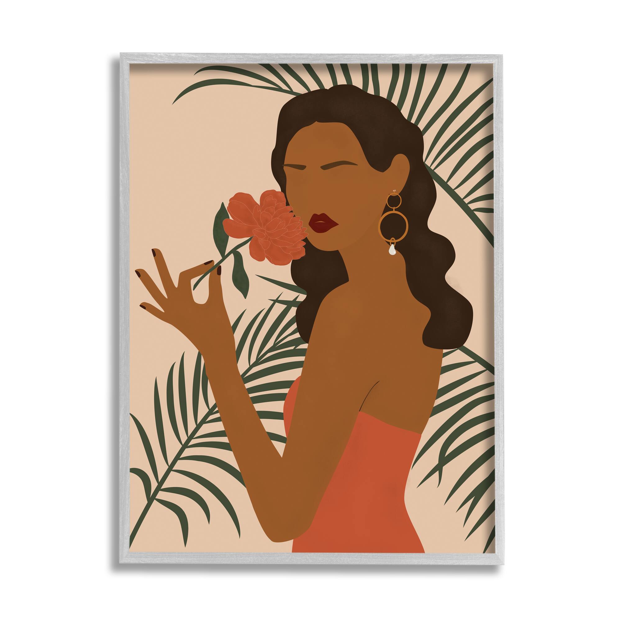 Stupell Industries Woman With Red Floral over Green Palm Leaves in Frame Wall Art