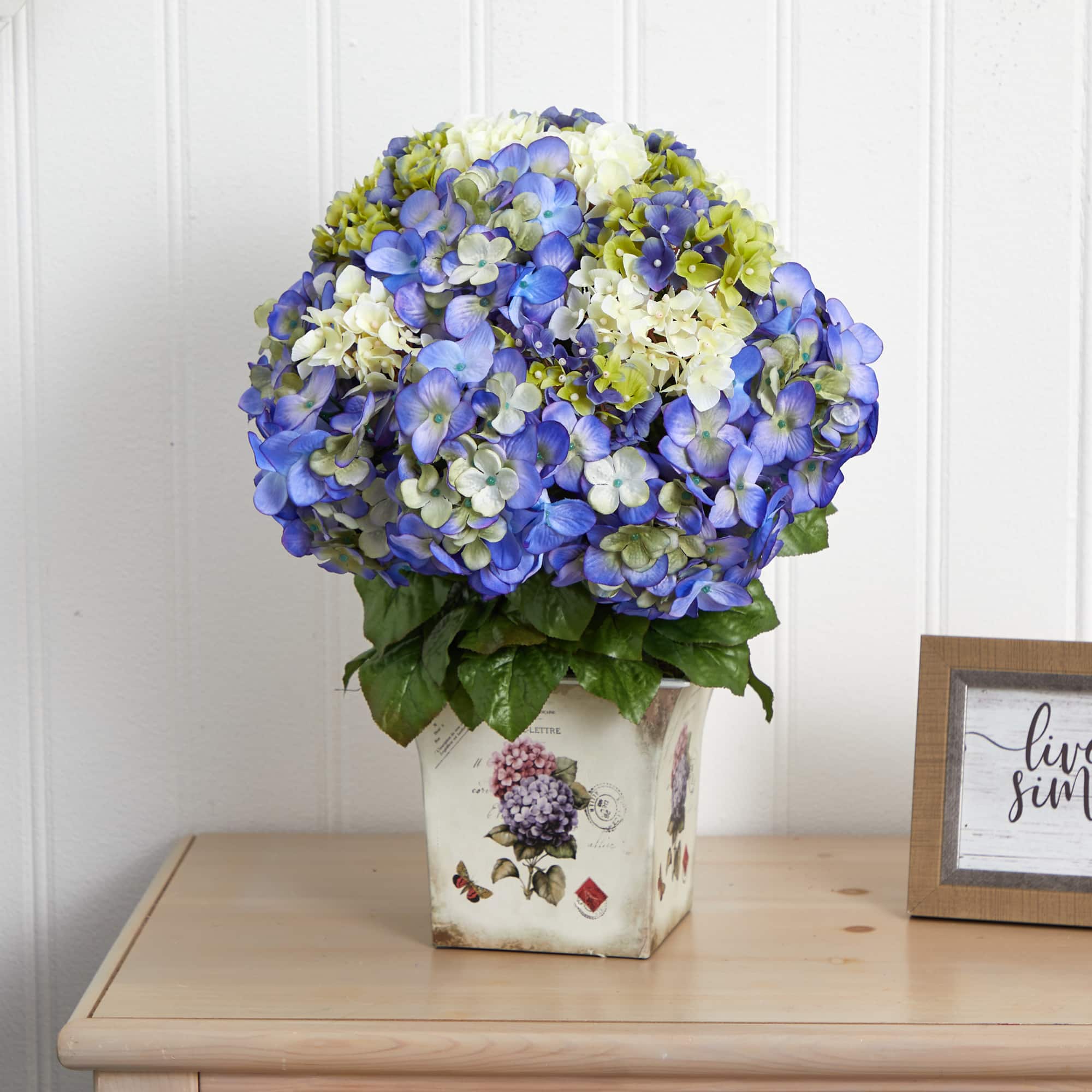 19" Mixed Hydrangea Arrangement in Floral Planter