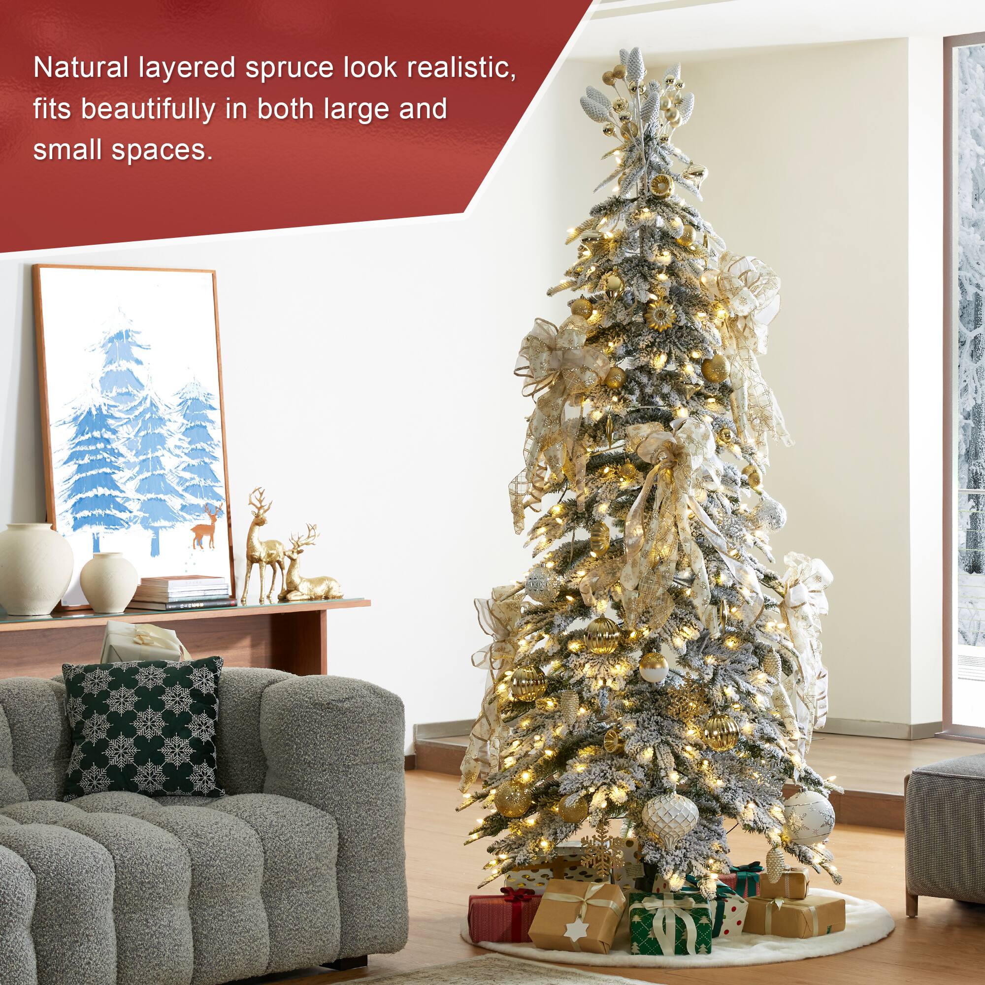 7.5ft. Pre-Lit Flocked Rotating Slim Spruce Artificial Christmas Tree, Color Changing LED Lights