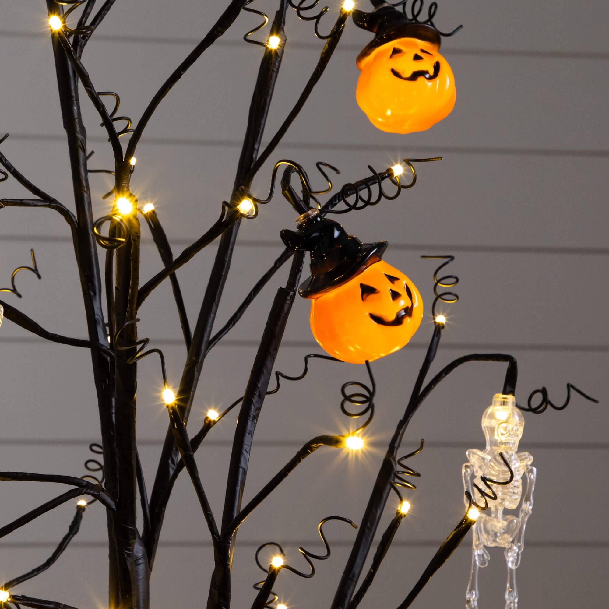 4ft. Pre-Lit Artificial Halloween Pumpkins and Skulls Ornament Tree with 64 Warm White LED Lights
