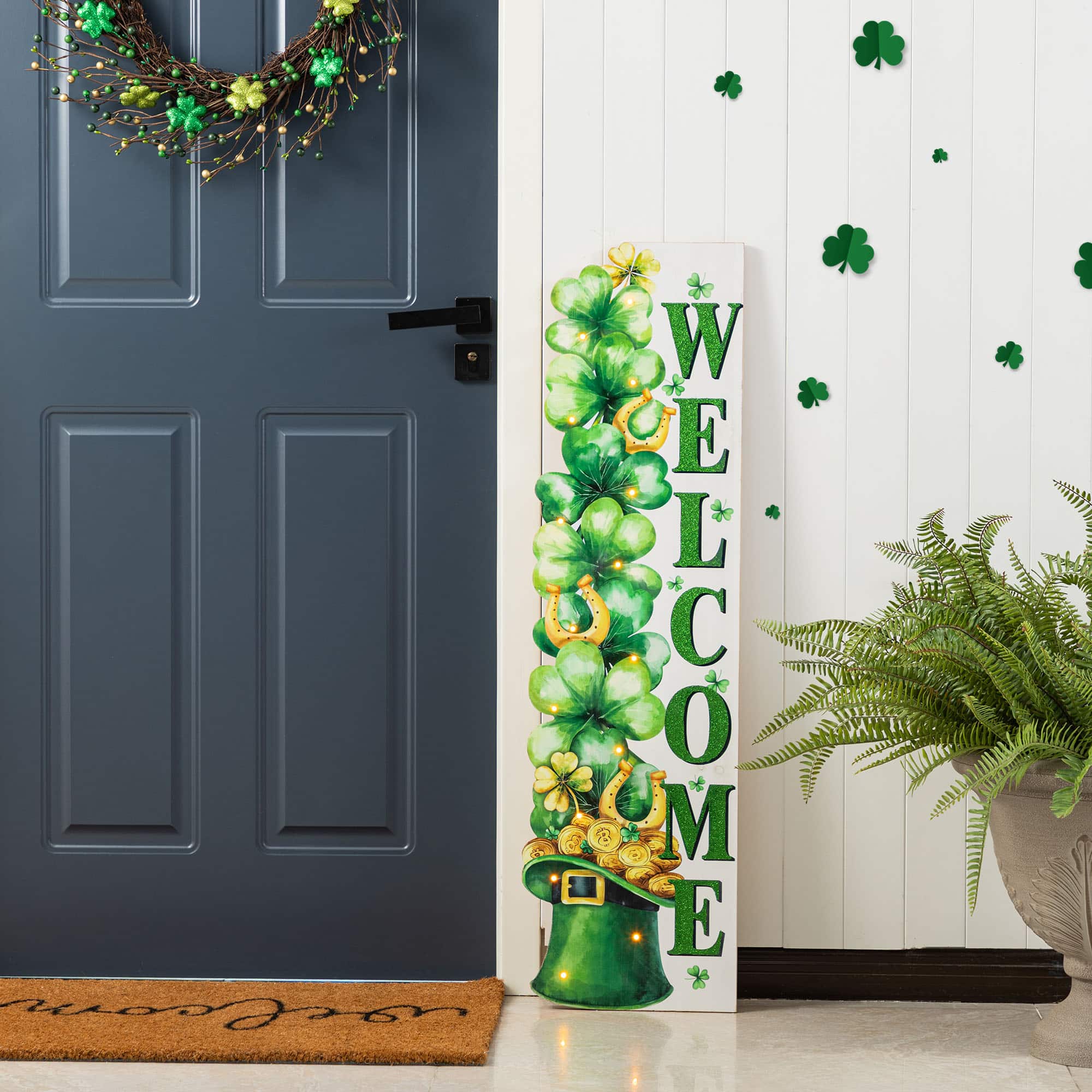 Glitzhome® 42" St. Patrick's Wooden Lighted Stacked Shamrock Porch Decor with Timer