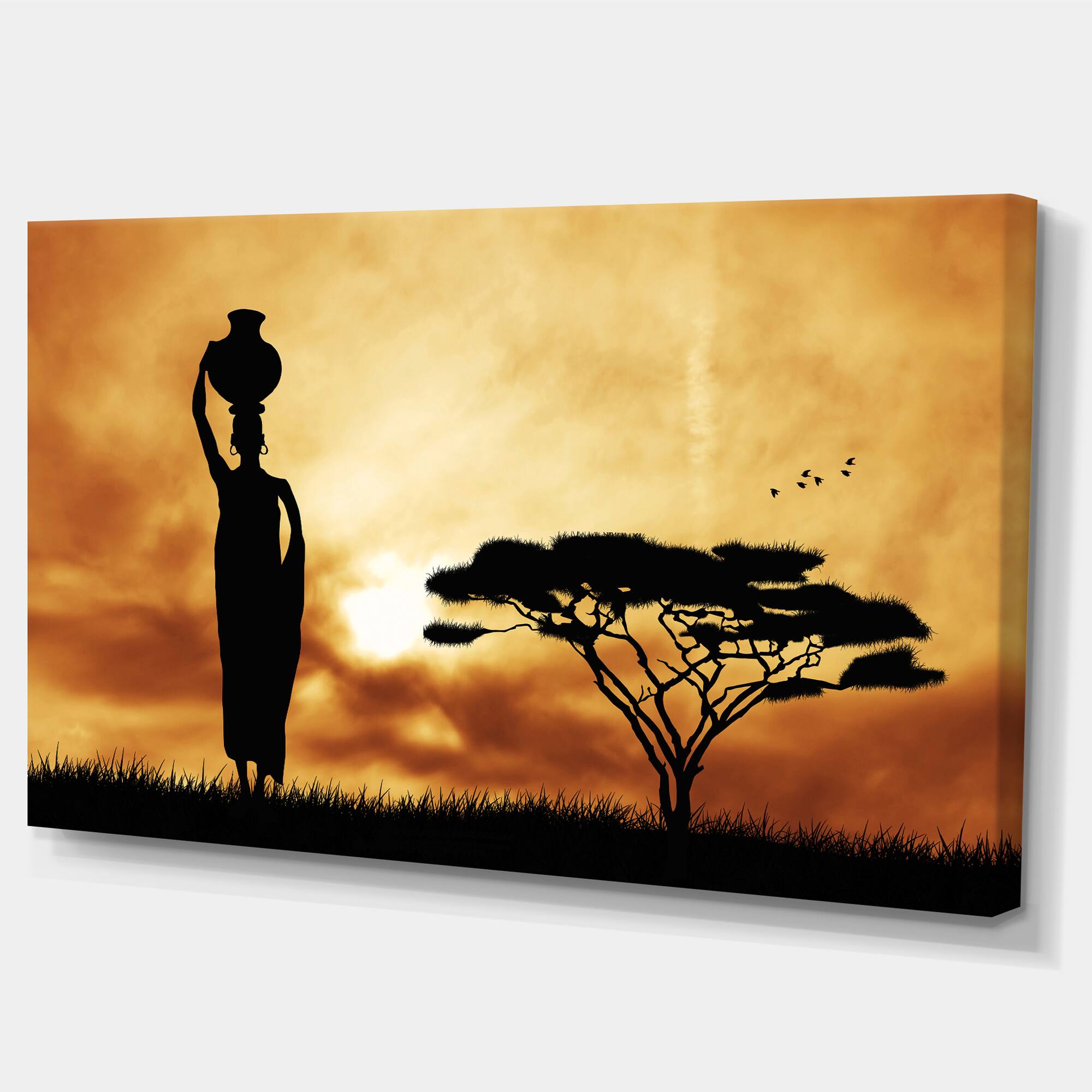 Designart - African Woman and Lonely Tree - African Landscape Canvas Art Print