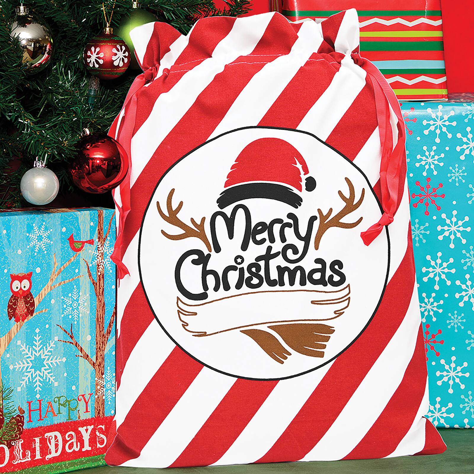Personality Case&#x2122; 17&#x22; x 26&#x22; Red &#x26; White Stripe Cotton Merry Christmas Drawstring Bag