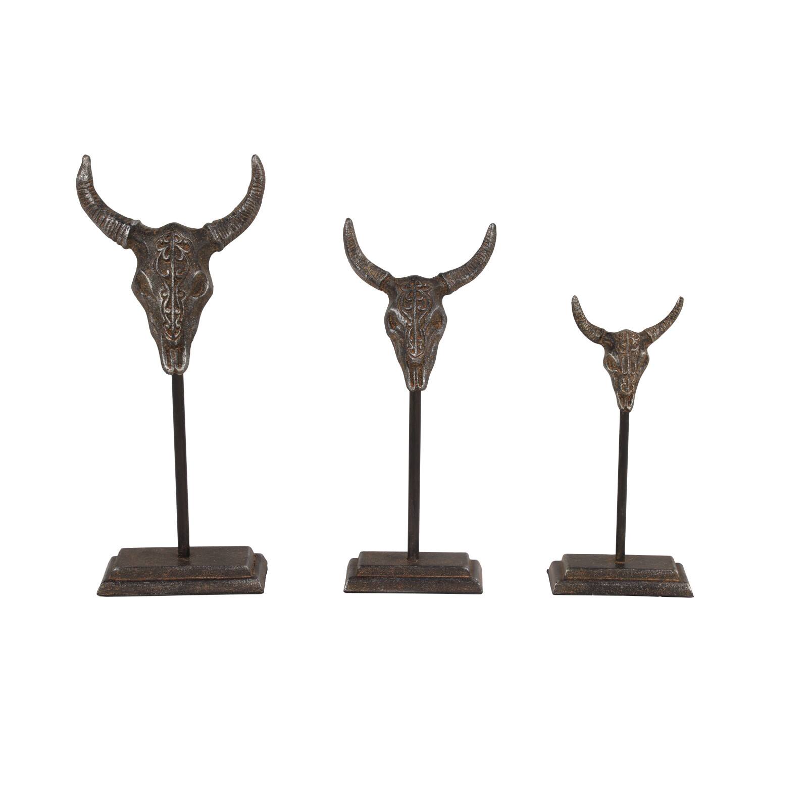 Set of 3 Grey Metal Eclectic Bull Sculpture, 15&#x22;, 12&#x22;, 10&#x22;