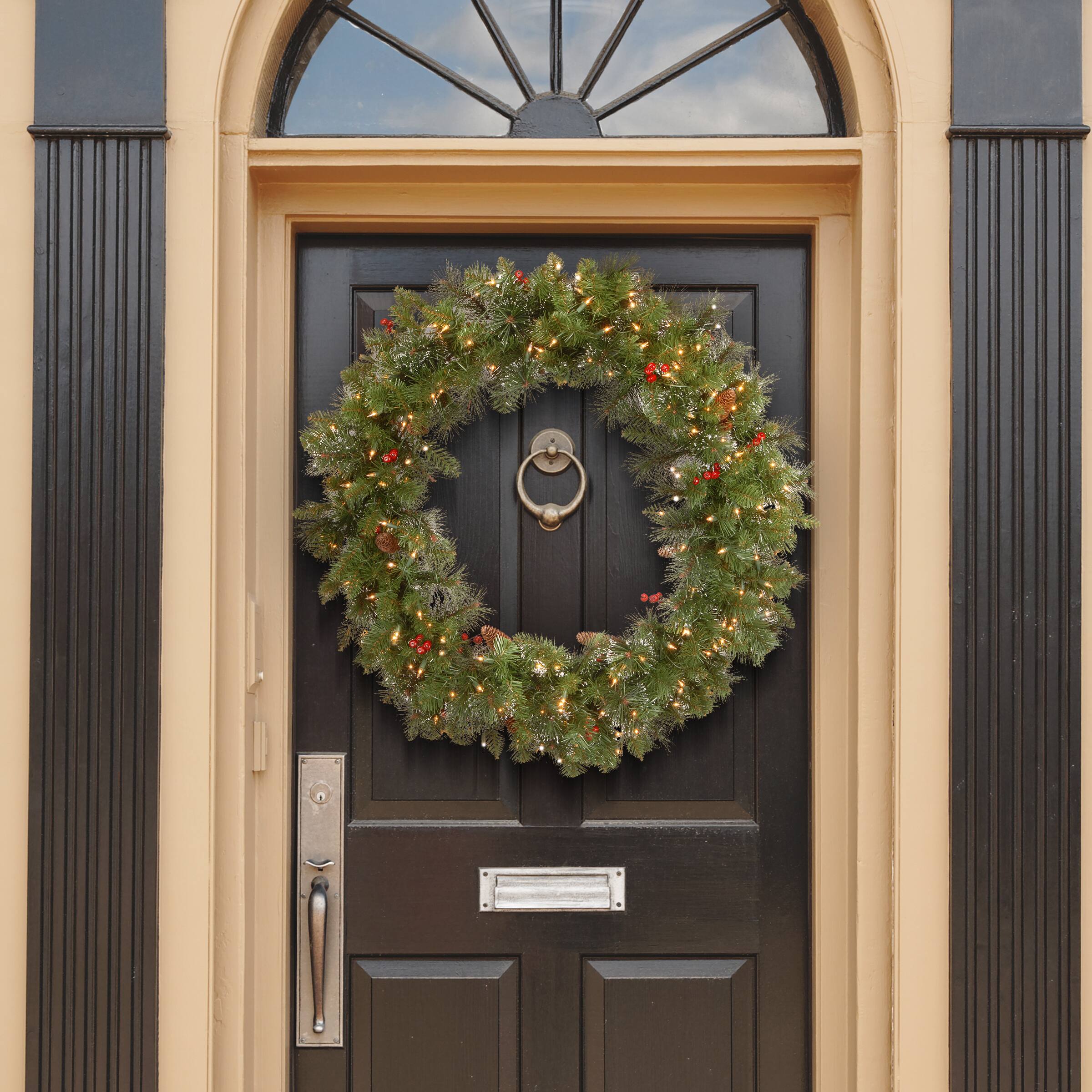 36&#x22; Crestwood Spruce Wreath with Silver Bristle, Cones, Red Berries &#x26; Glitter with 200ct. Clear Lights
