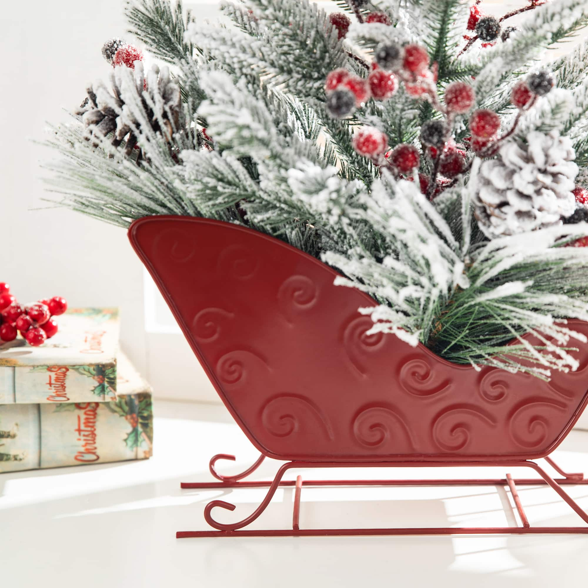 Glitzhome&#xAE; 21&#x22; Christmas Red Sleigh Frosted Floral Centerpiece