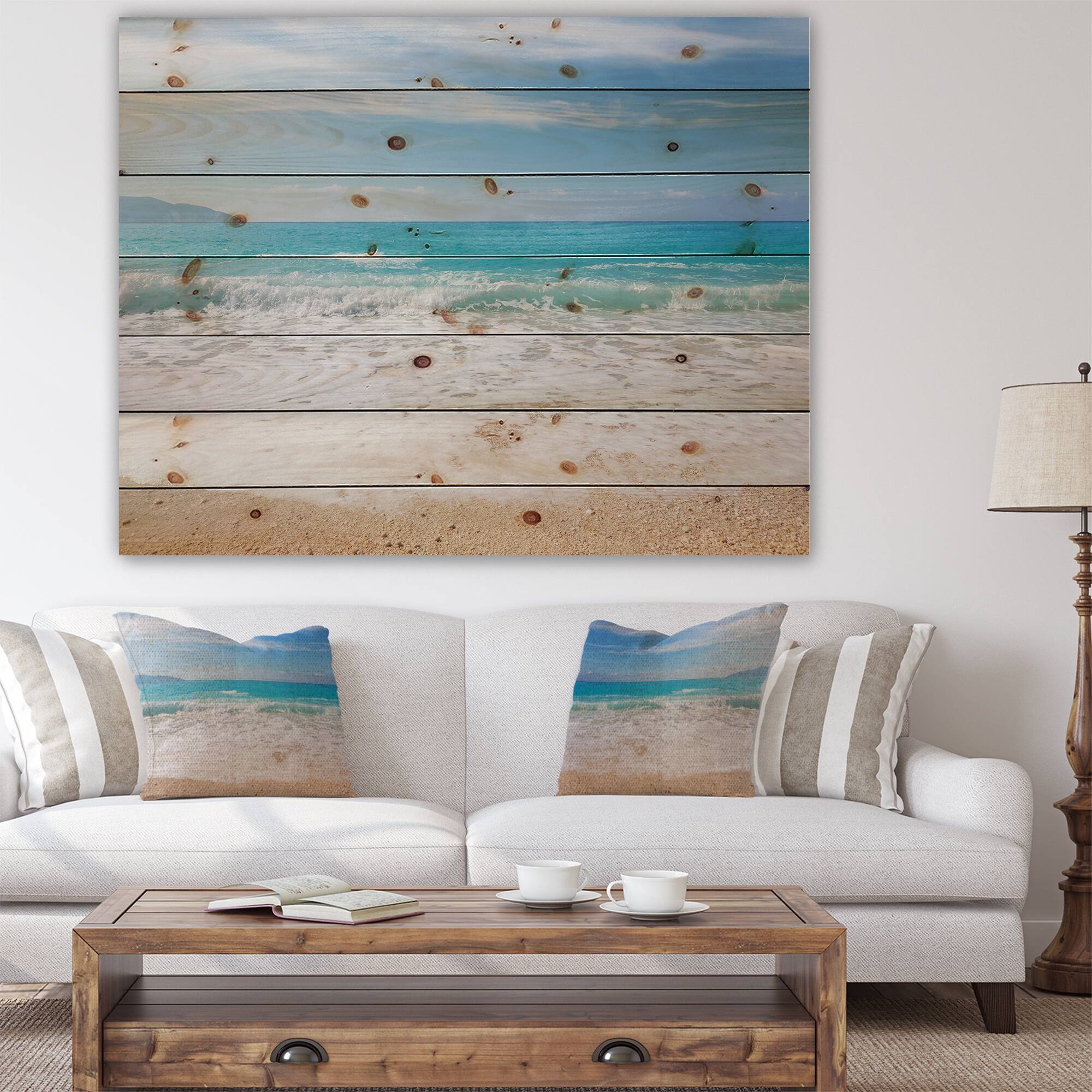 Designart - White Waves Kissing Beach Sand - Seashore Print on Natural Pine Wood